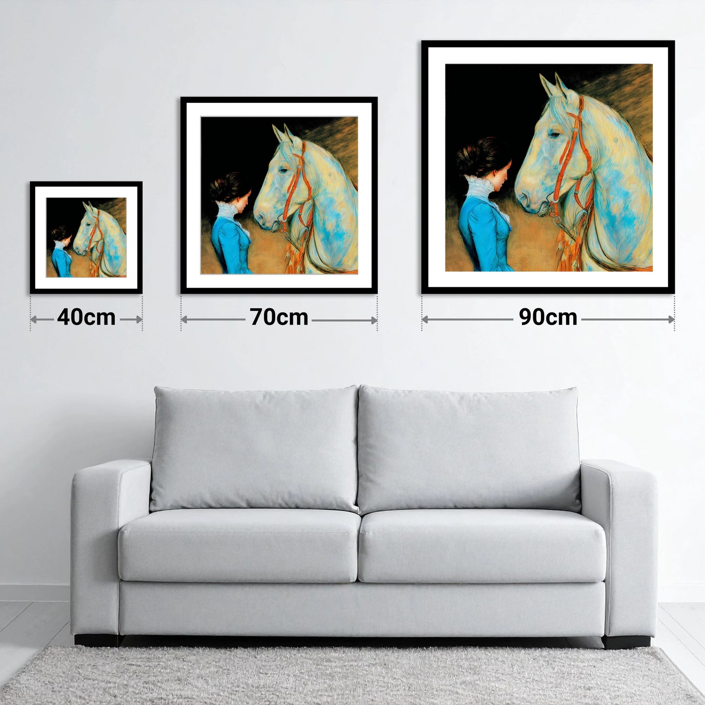 Cerulean Connection - size guide showing 40cm, 70cm and 90cm art prints