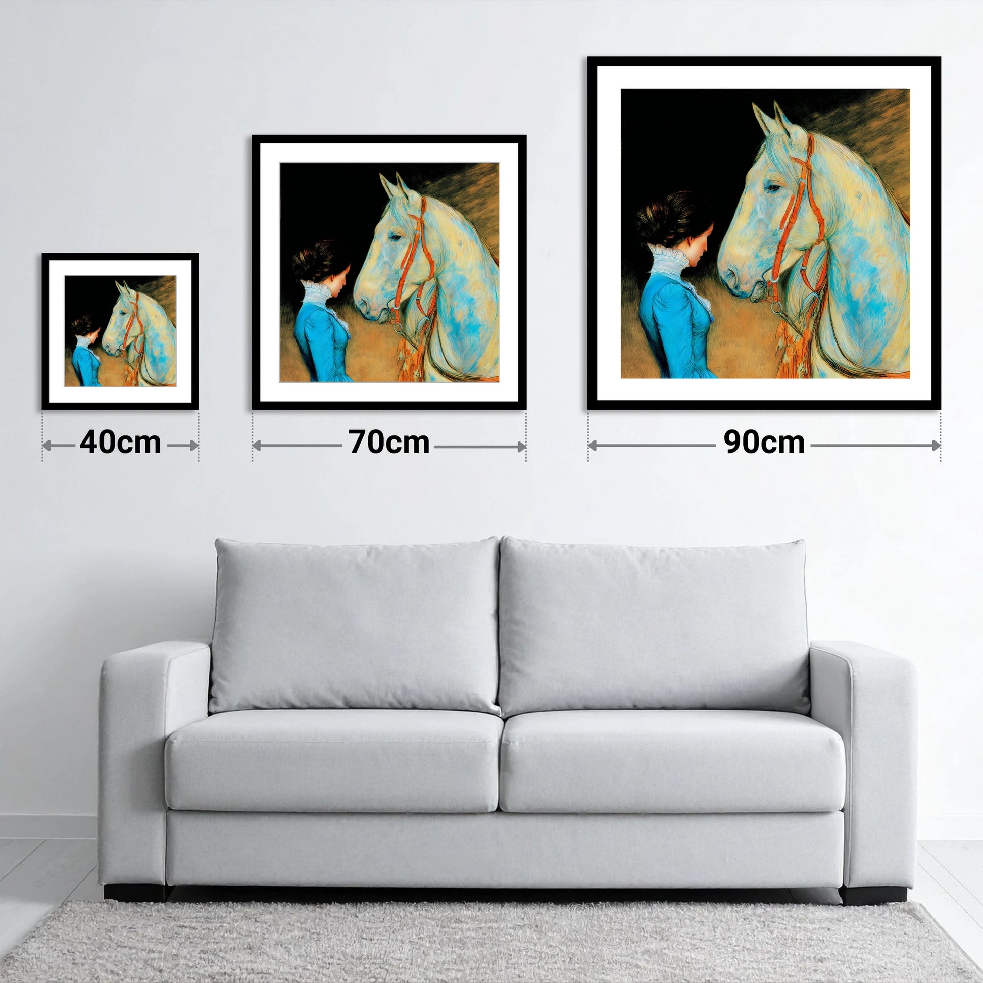 Cerulean Connection - size guide showing 40cm, 70cm and 90cm art prints