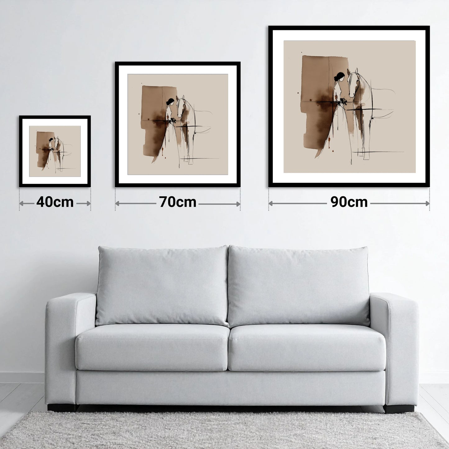 Silent Devotion - size guide showing 40cm, 70cm and 90cm art prints