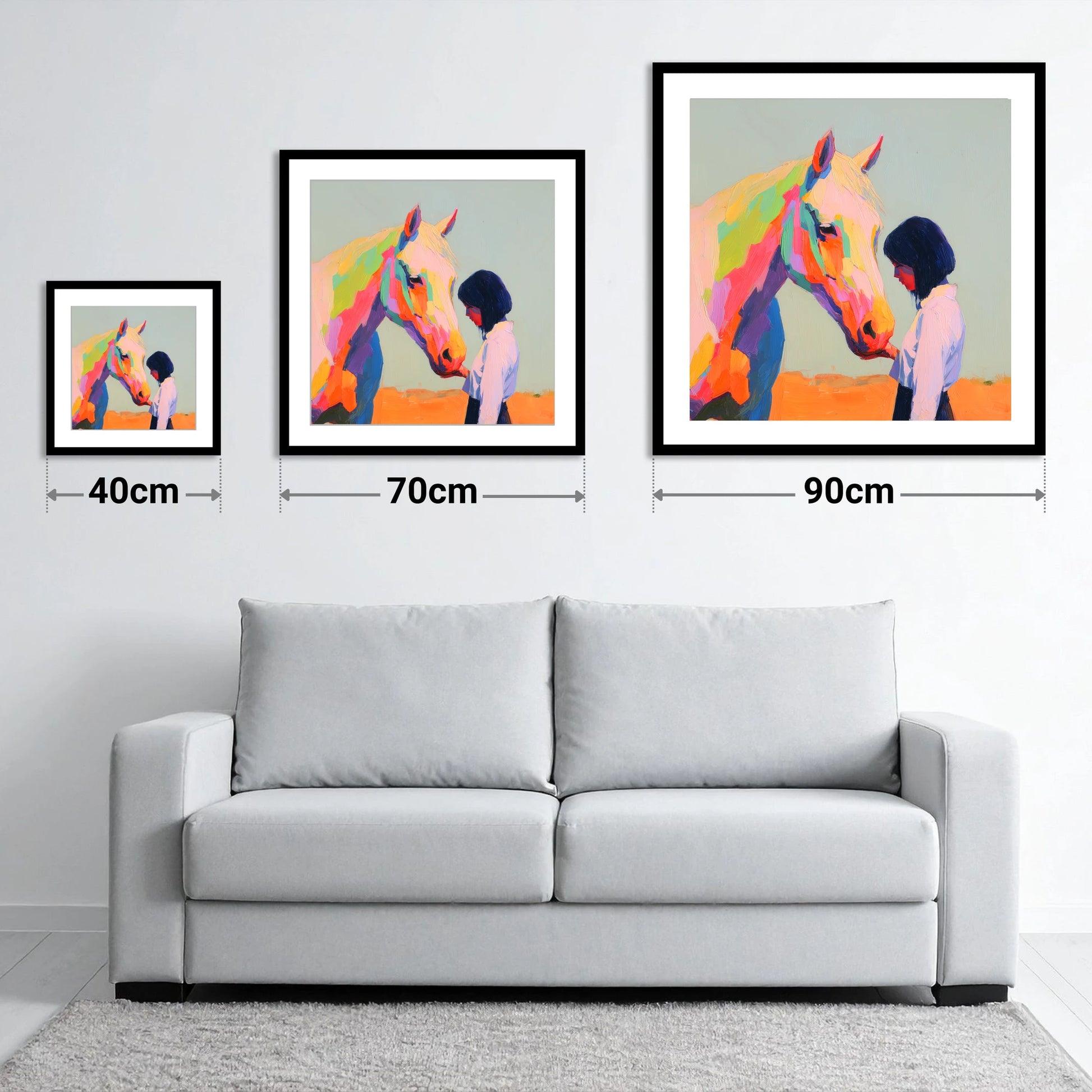 Vivid Connection - size guide showing 40cm, 70cm and 90cm art prints