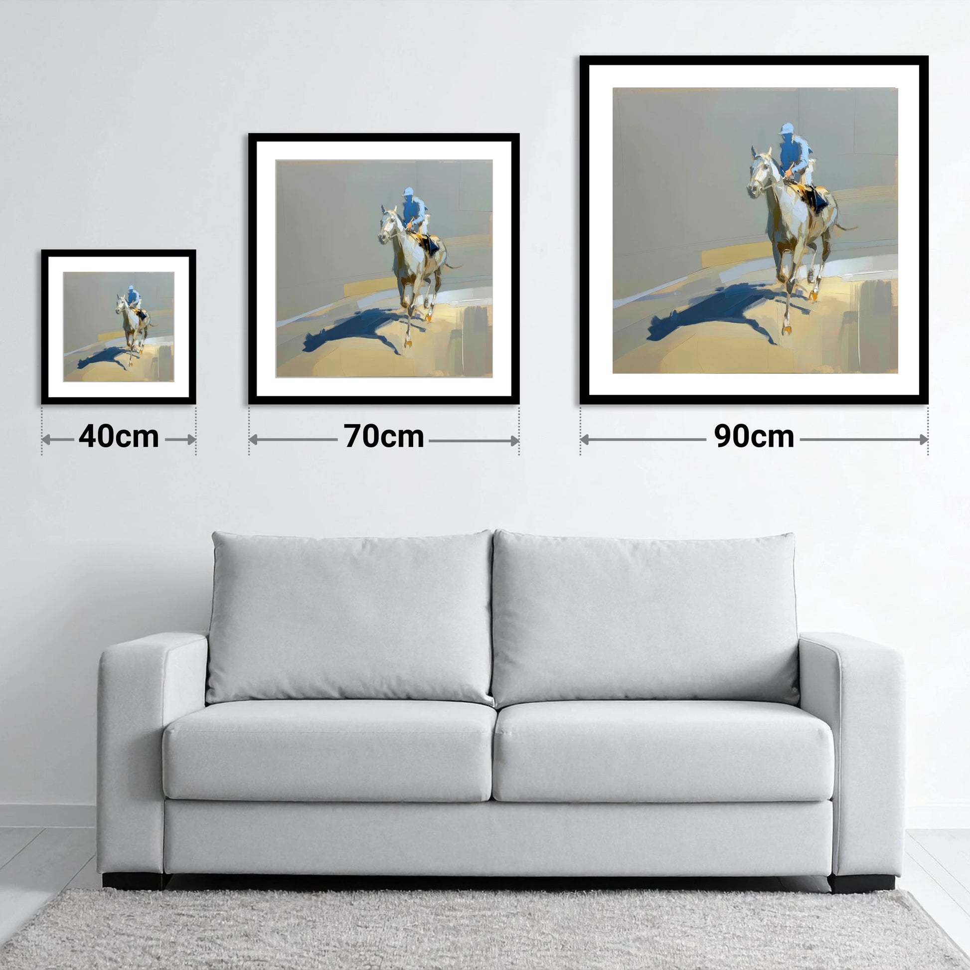 Shadows in the Paddock - size guide showing 40cm, 70cm and 90cm art prints