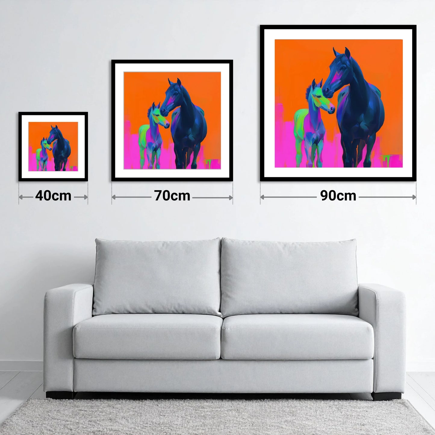 Electric Bond - size guide showing 40cm, 70cm and 90cm art prints