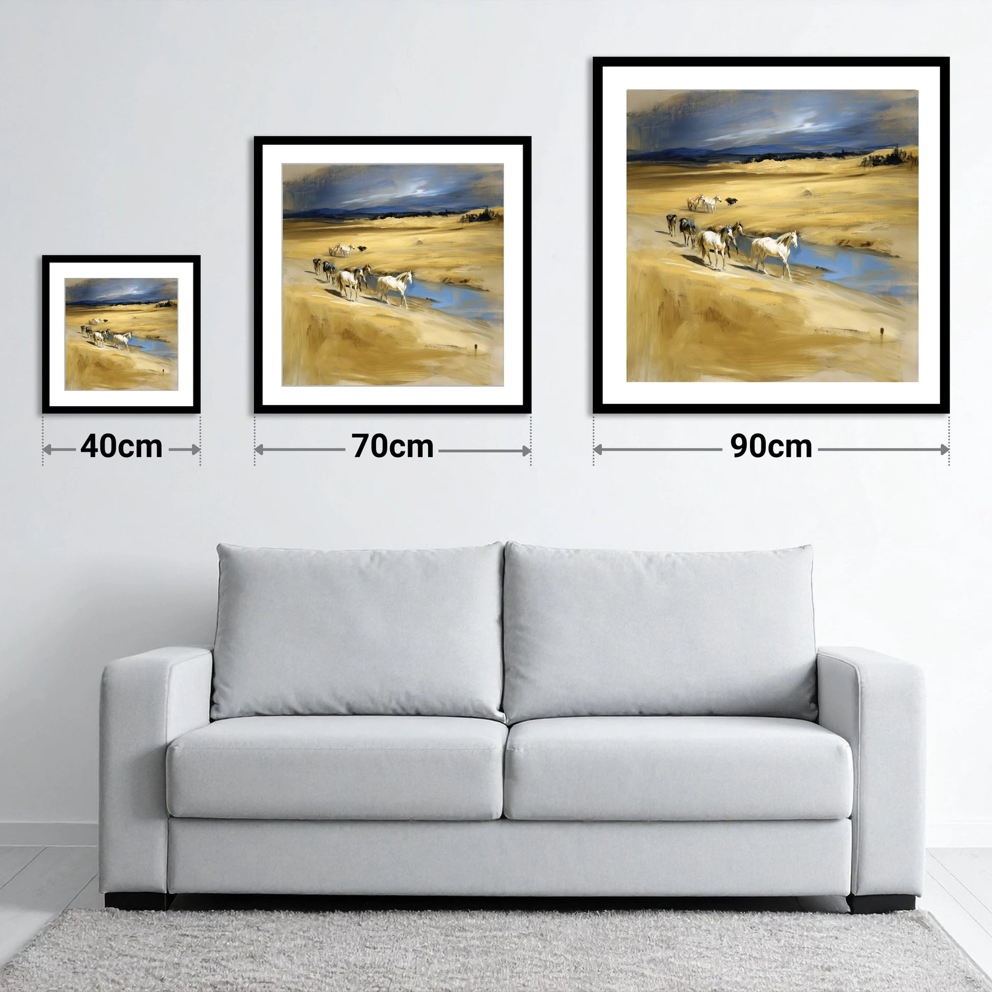 Golden Veldt Crossing - size guide showing 40cm, 70cm and 90cm art prints