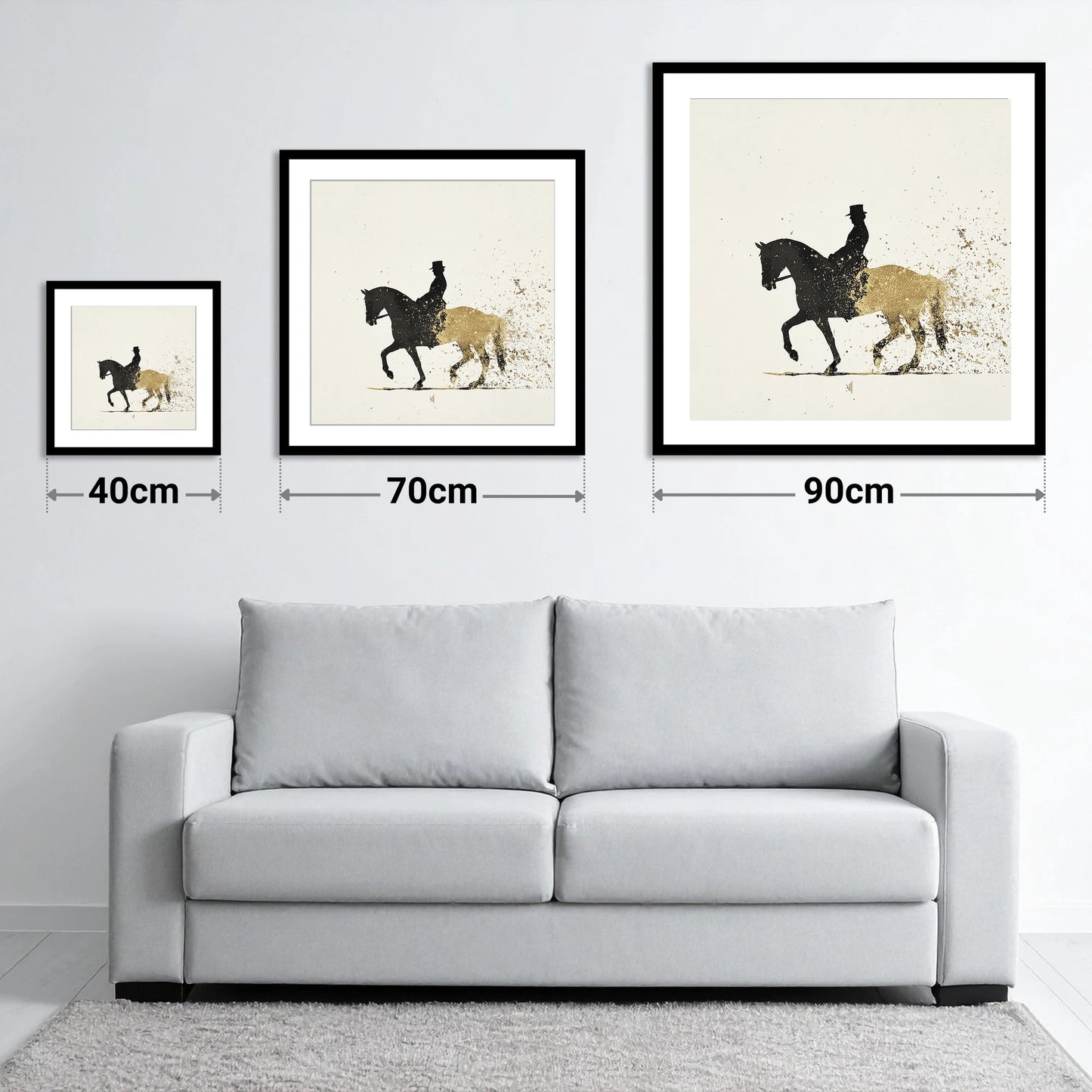 The Golden Passage - size guide showing 40cm, 70cm and 90cm art prints