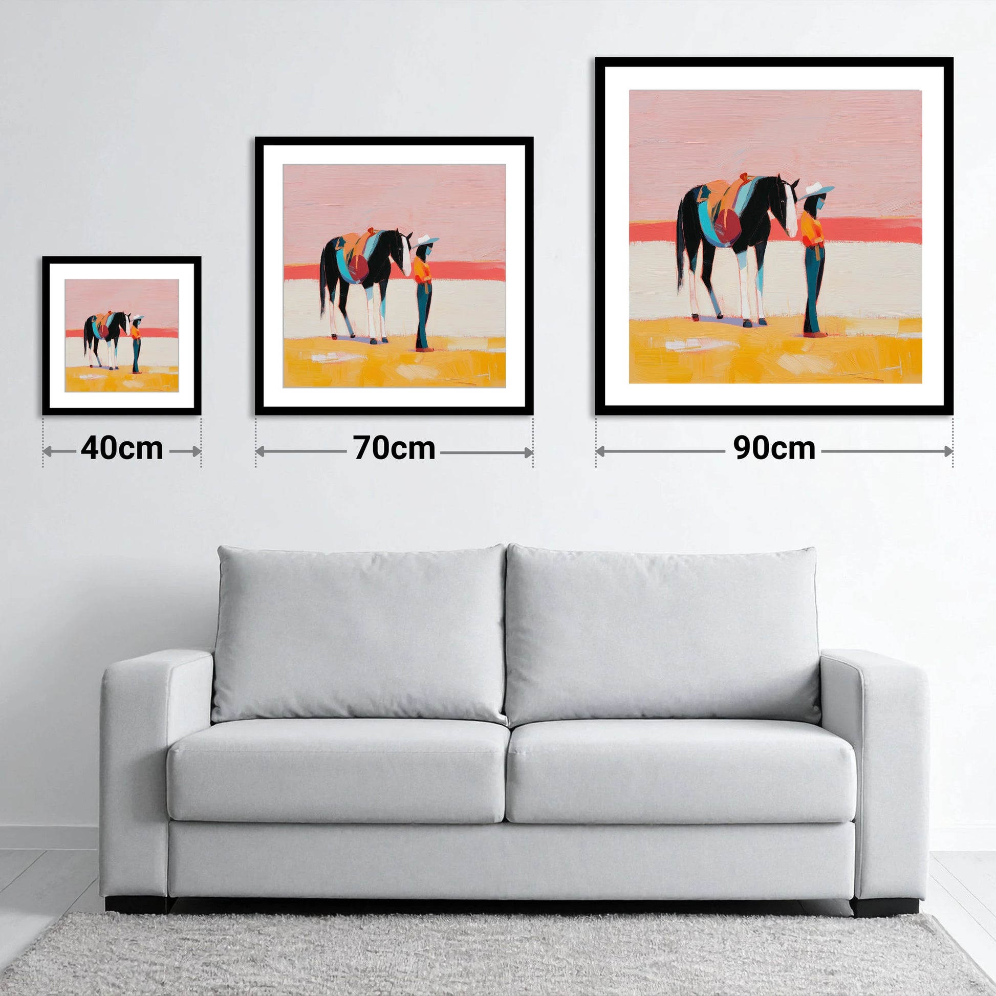 Painted Desert Rider - size guide showing 40cm, 70cm and 90cm art prints