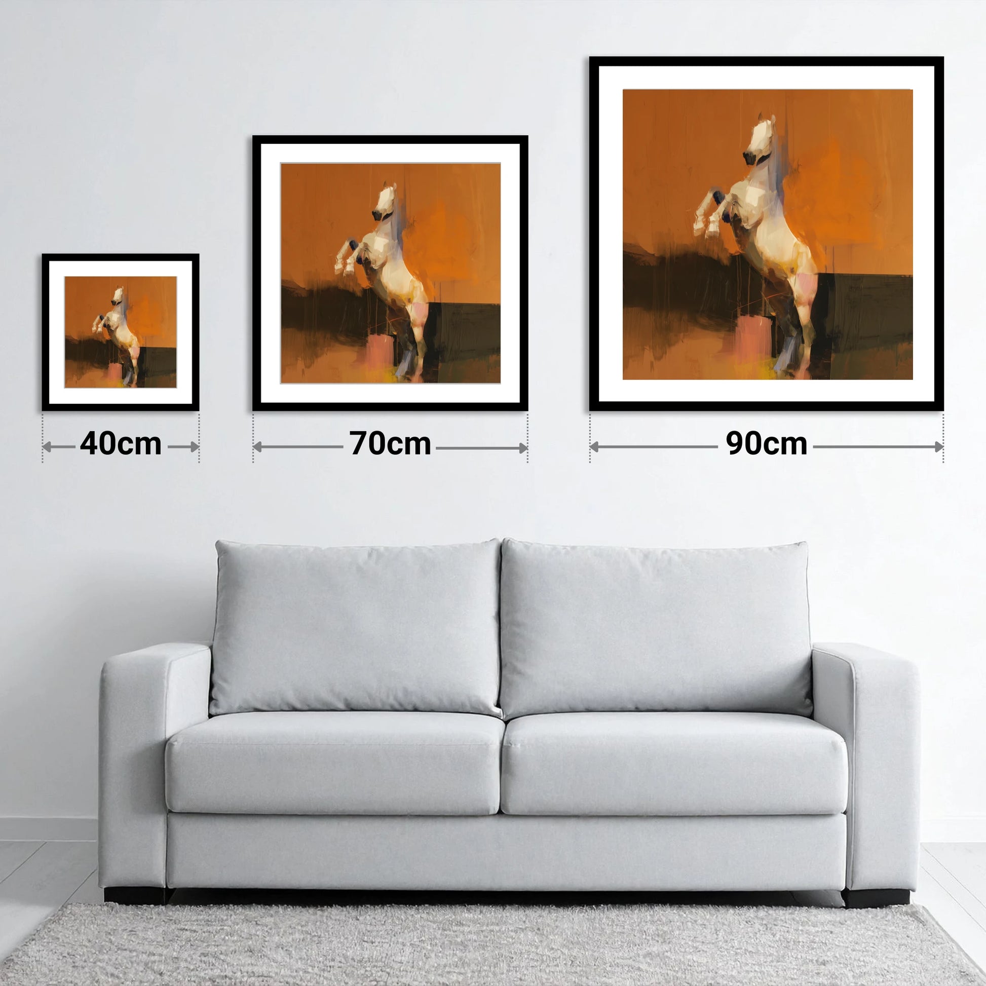 Rise in Ochre - size guide showing 40cm, 70cm and 90cm art prints