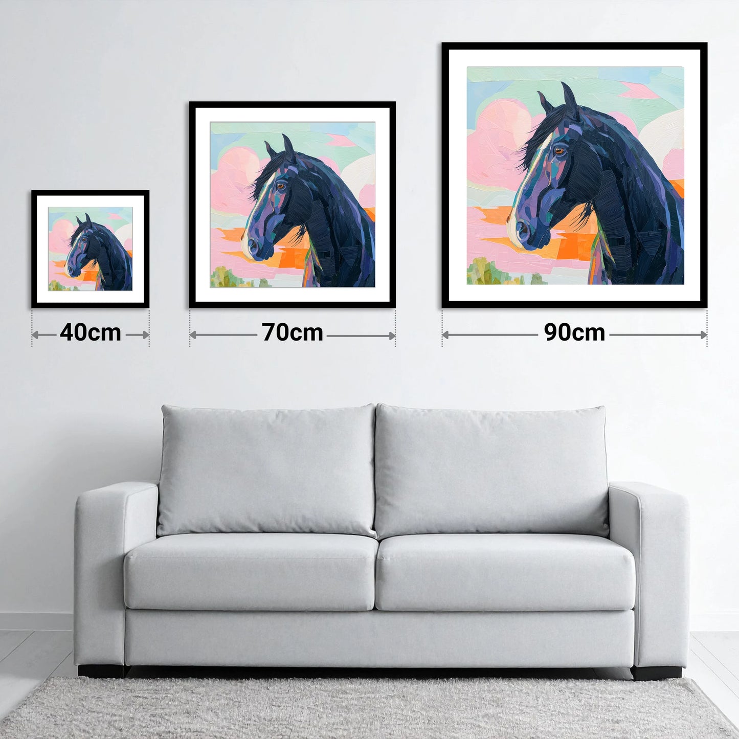 Vivid Midnight Profile - size guide showing 40cm, 70cm and 90cm art prints