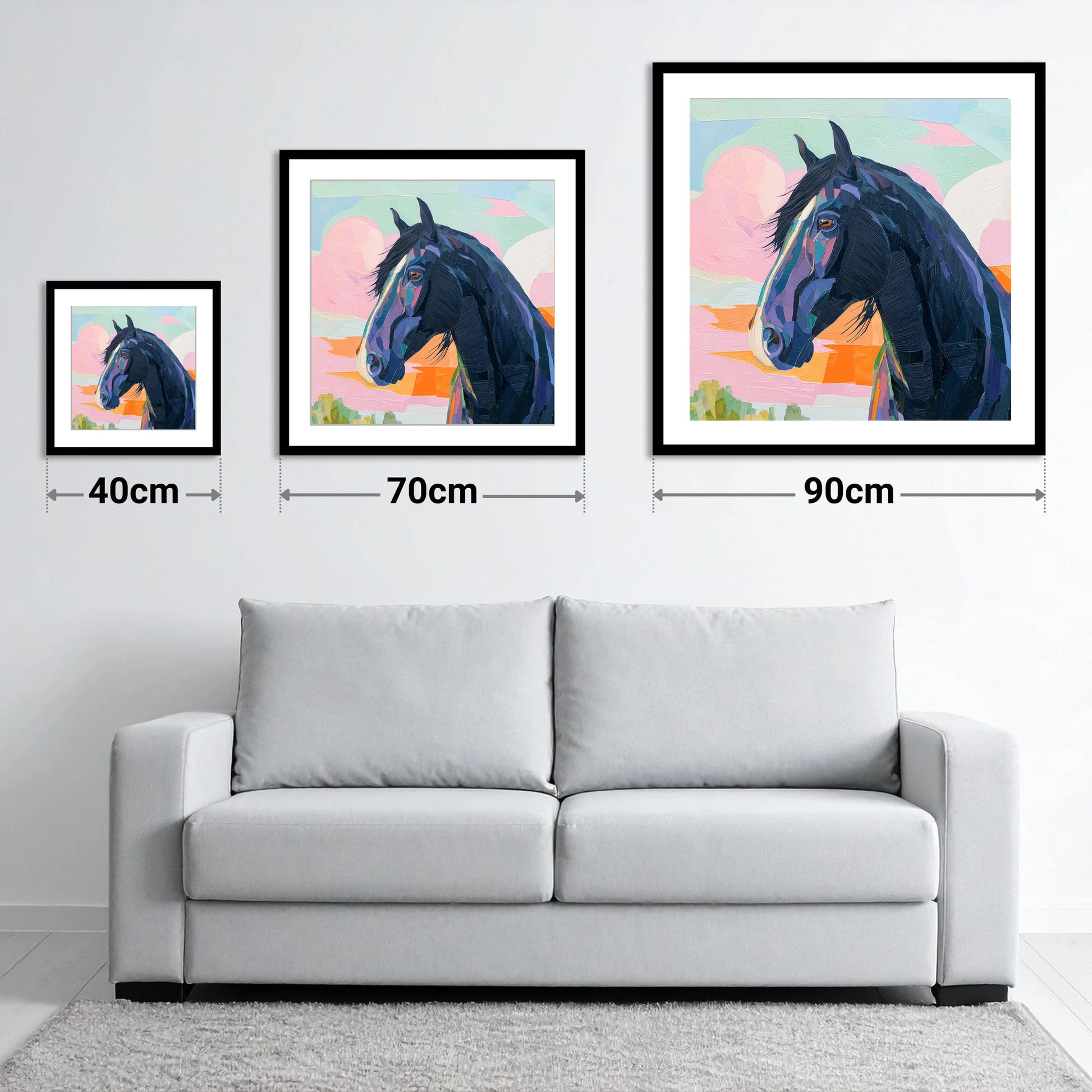 Vivid Midnight Profile - size guide showing 40cm, 70cm and 90cm art prints