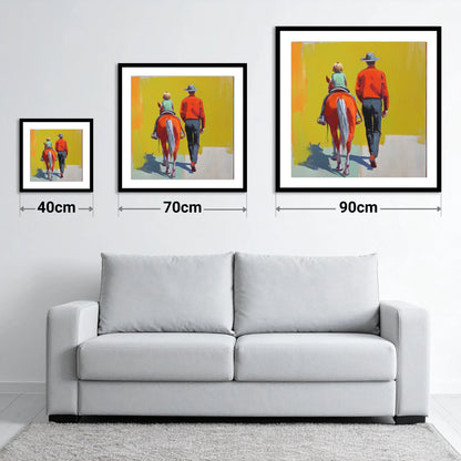Leading the First Ride - size guide showing 40cm, 70cm and 90cm art prints