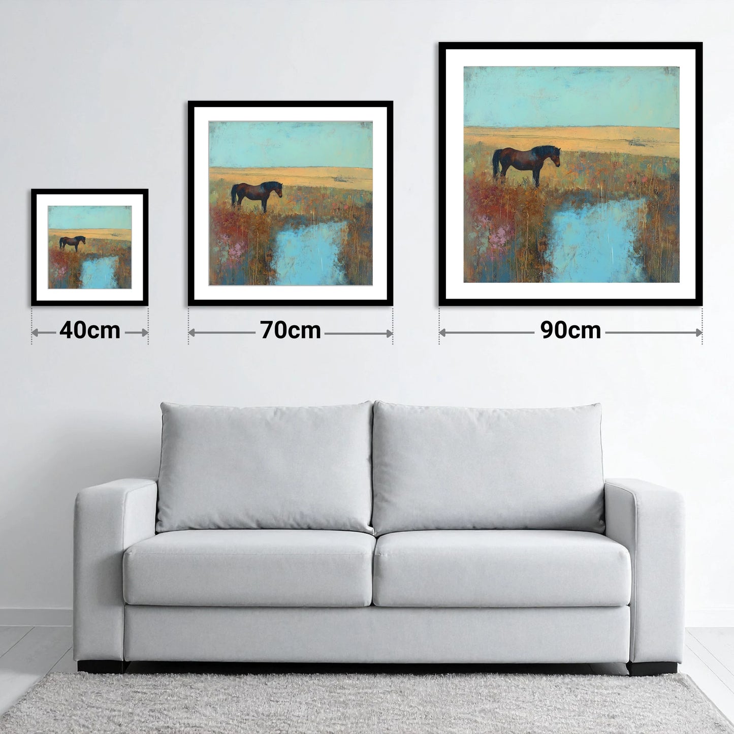 Silent Waters - size guide showing 40cm, 70cm and 90cm art prints