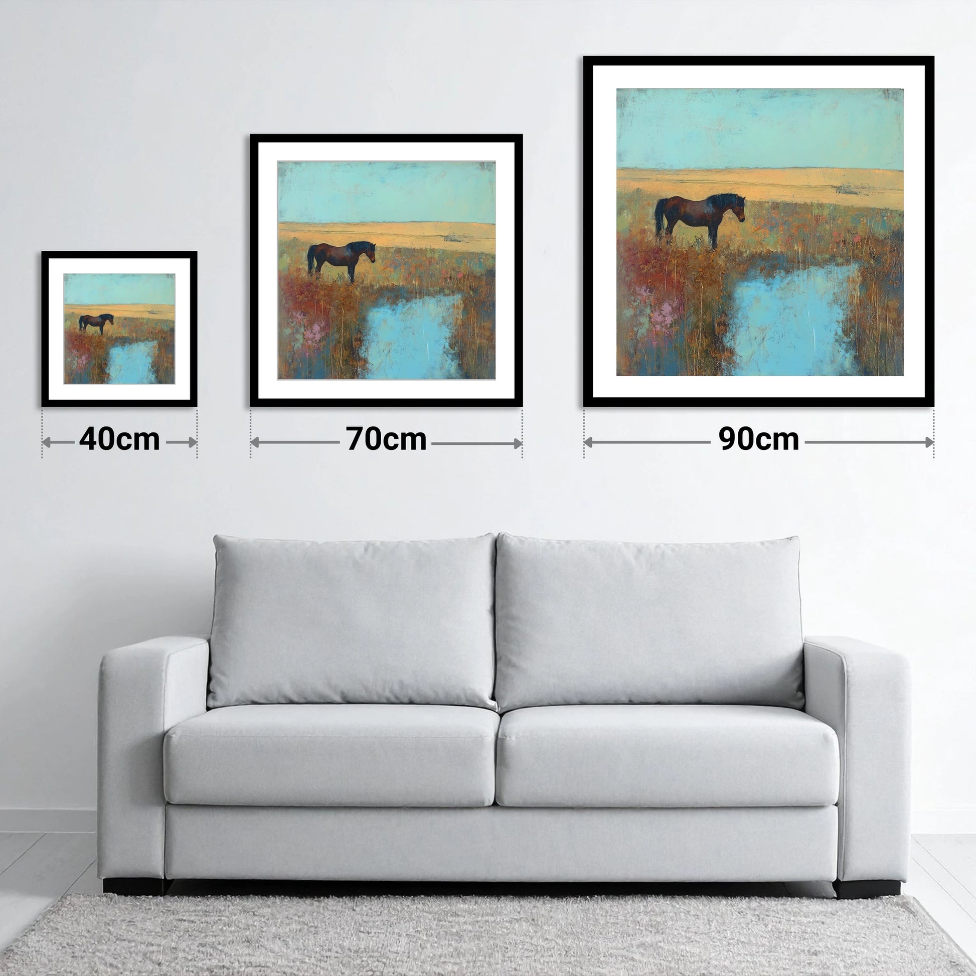 Silent Waters - size guide showing 40cm, 70cm and 90cm art prints