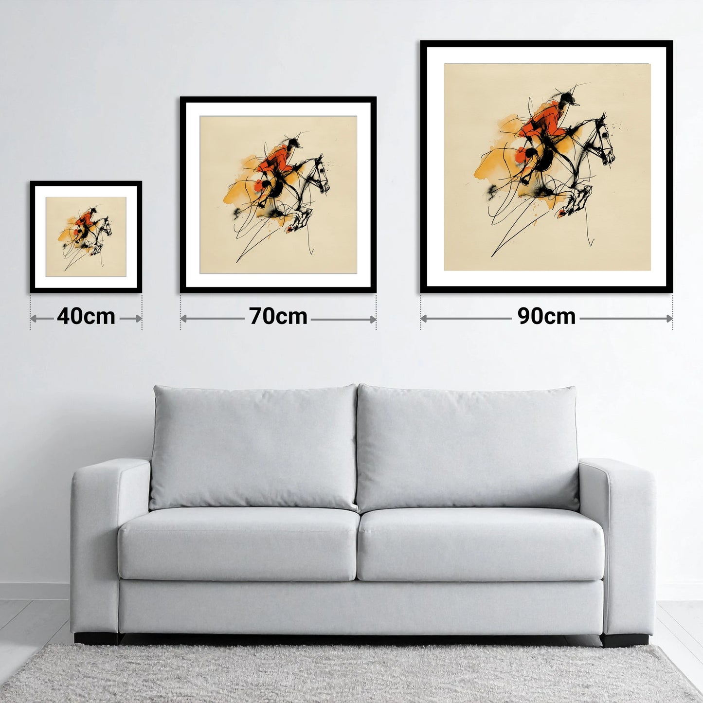 Vivid Leap - size guide showing 40cm, 70cm and 90cm art prints