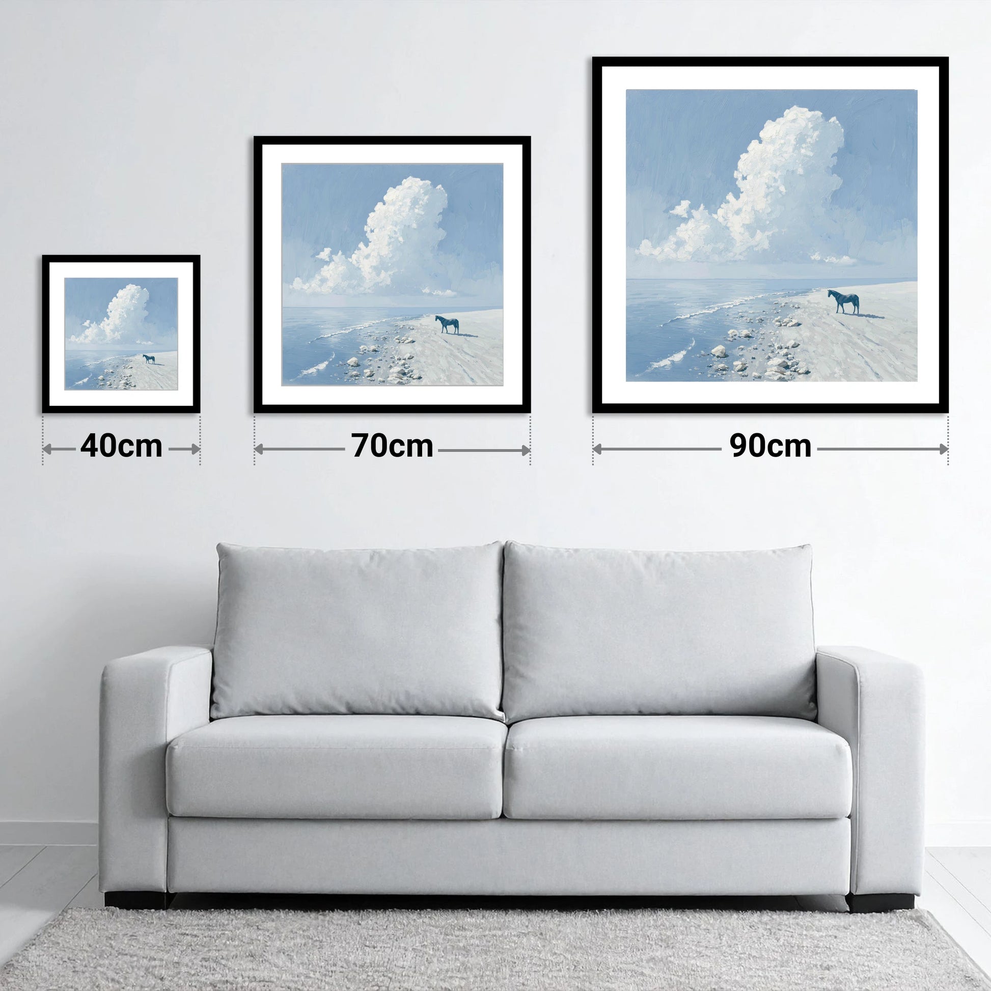 The Azure Shore - size guide showing 40cm, 70cm and 90cm art prints