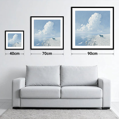 The Azure Shore - size guide showing 40cm, 70cm and 90cm art prints