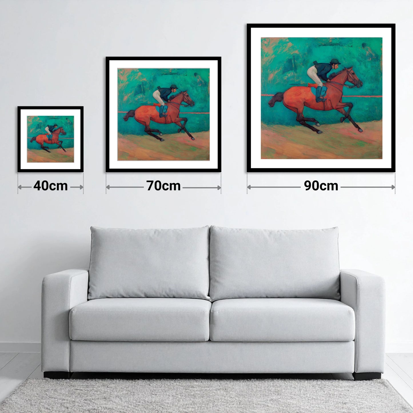 Rhythm in Emerald - size guide showing 40cm, 70cm and 90cm art prints