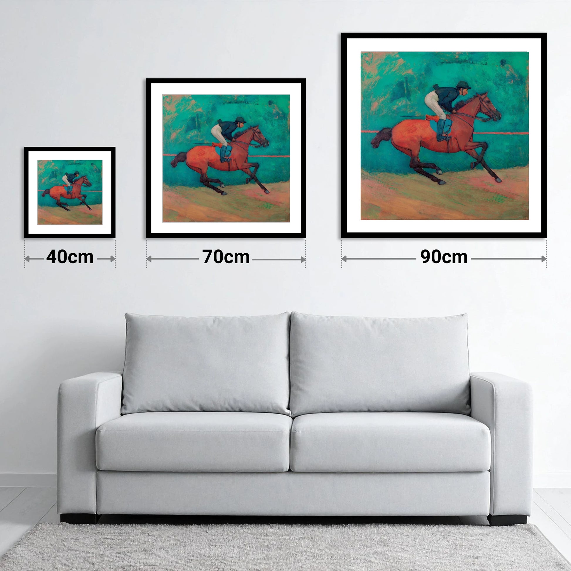 Rhythm in Emerald - size guide showing 40cm, 70cm and 90cm art prints