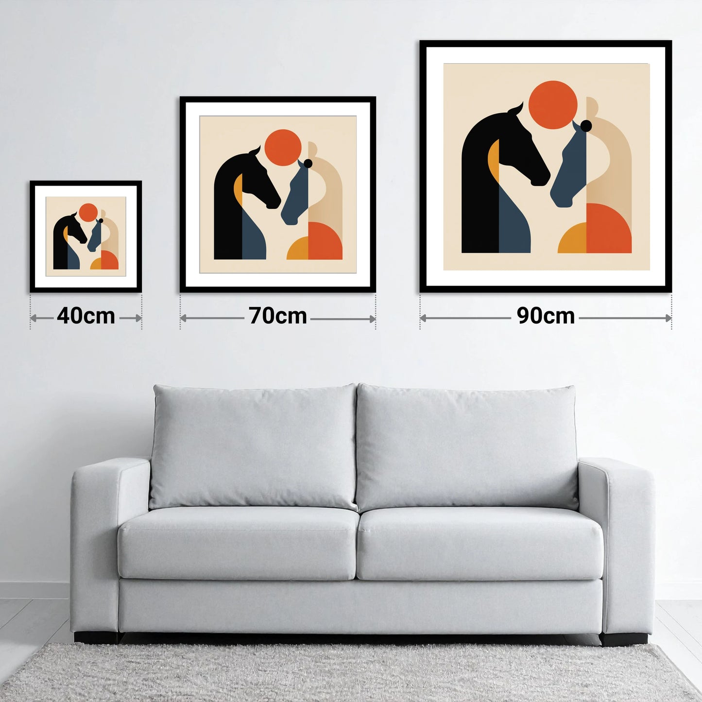 Mid-Century Equine Duo - size guide showing 40cm, 70cm and 90cm art prints