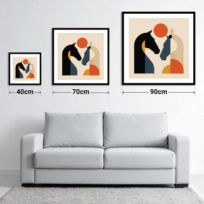 Mid-Century Equine Duo - size guide showing 40cm, 70cm and 90cm art prints