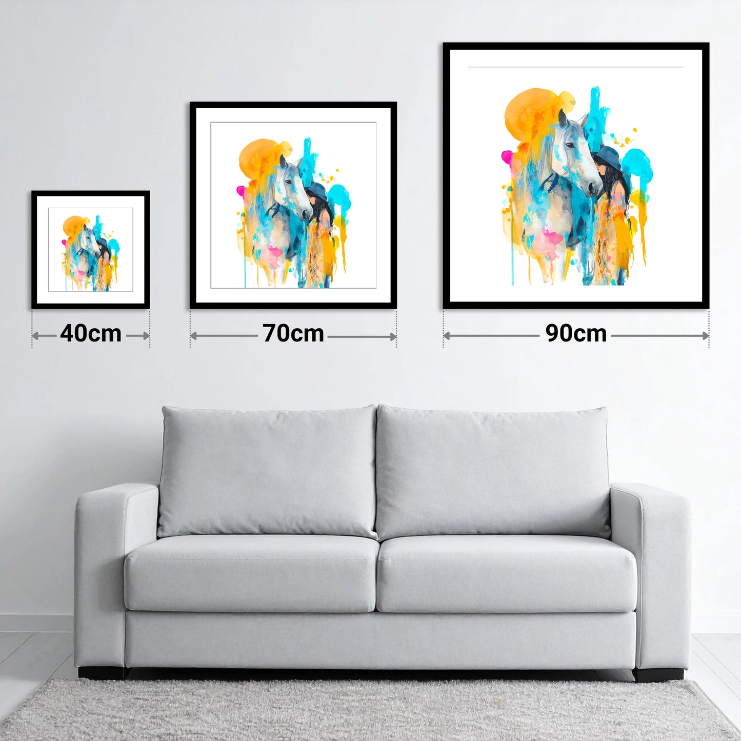 Vibrant Connection - size guide showing 40cm, 70cm and 90cm art prints