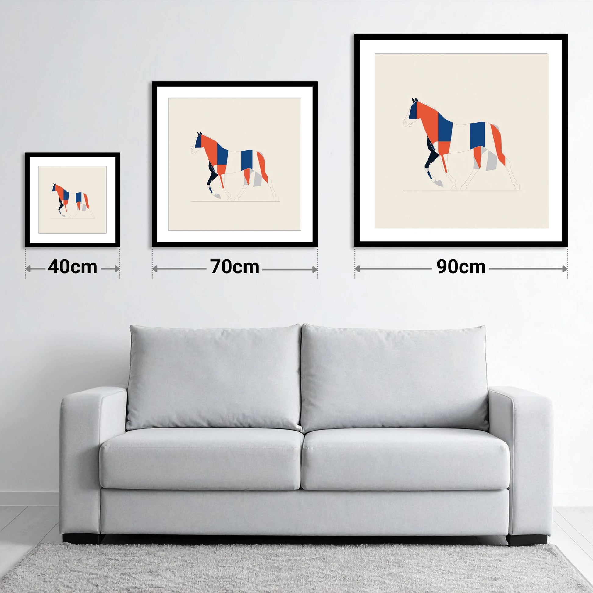 Graphic Equine Geometry - size guide showing 40cm, 70cm and 90cm art prints