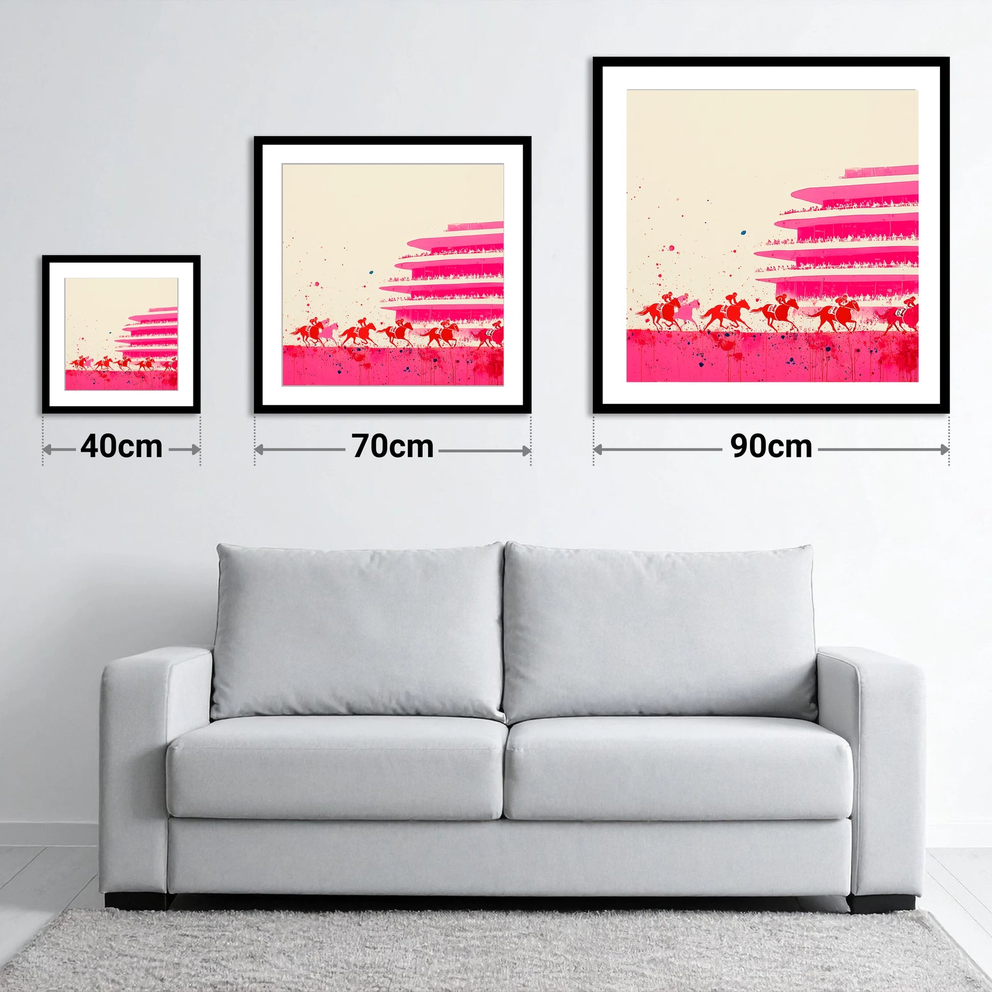 Magenta Grandstand Sprint - size guide showing 40cm, 70cm and 90cm art prints