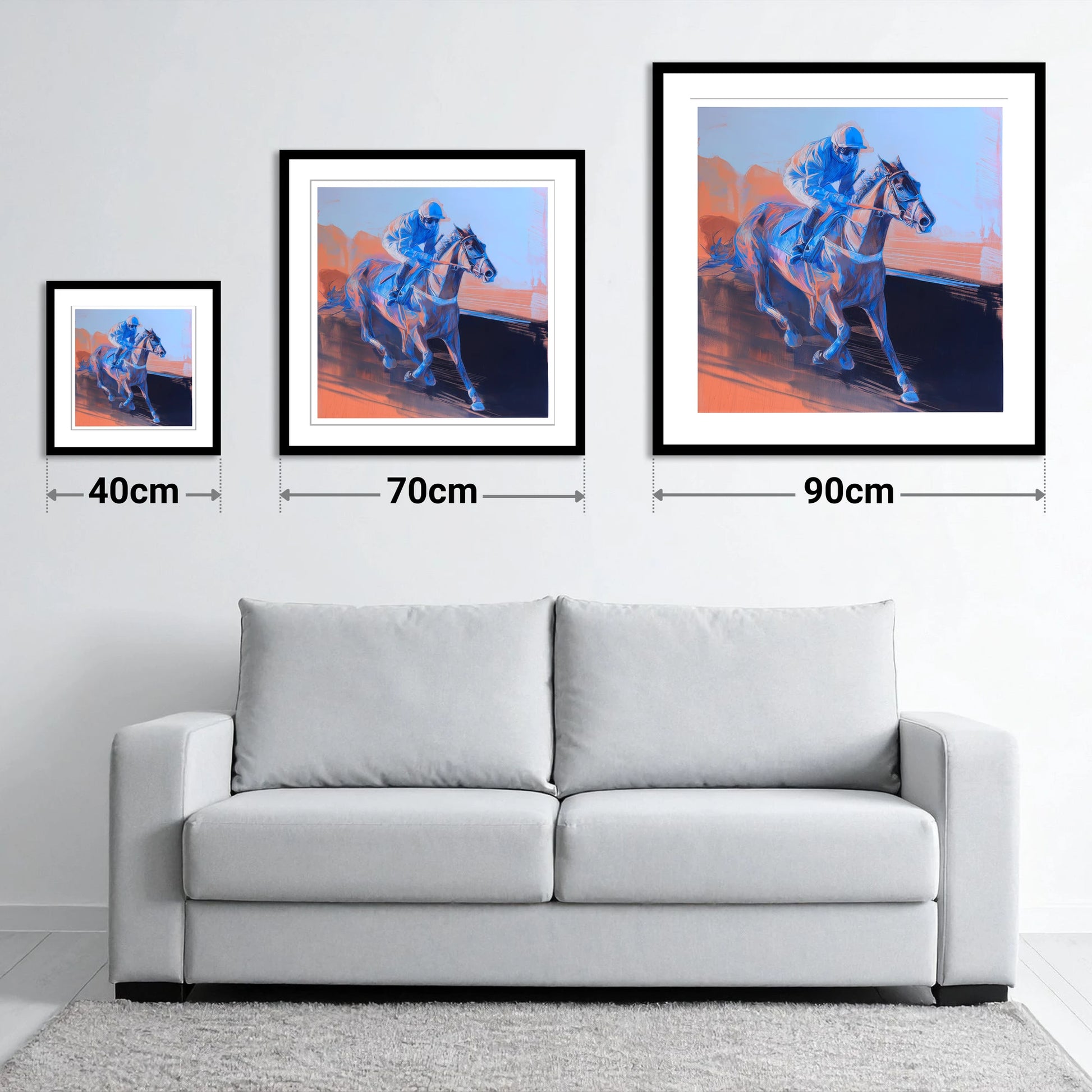 Indigo Stride - size guide showing 40cm, 70cm and 90cm art prints