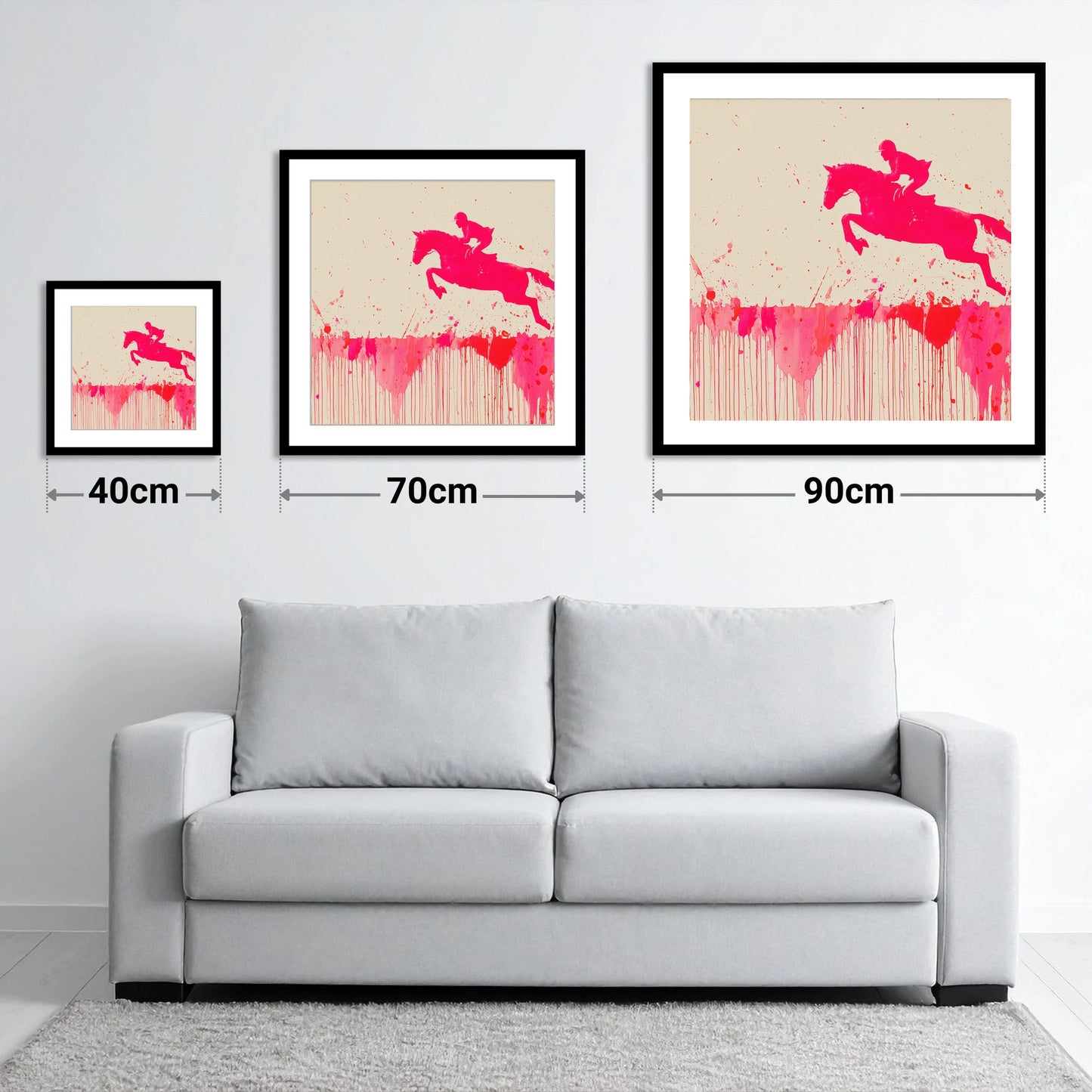 Magenta Flight - size guide showing 40cm, 70cm and 90cm art prints