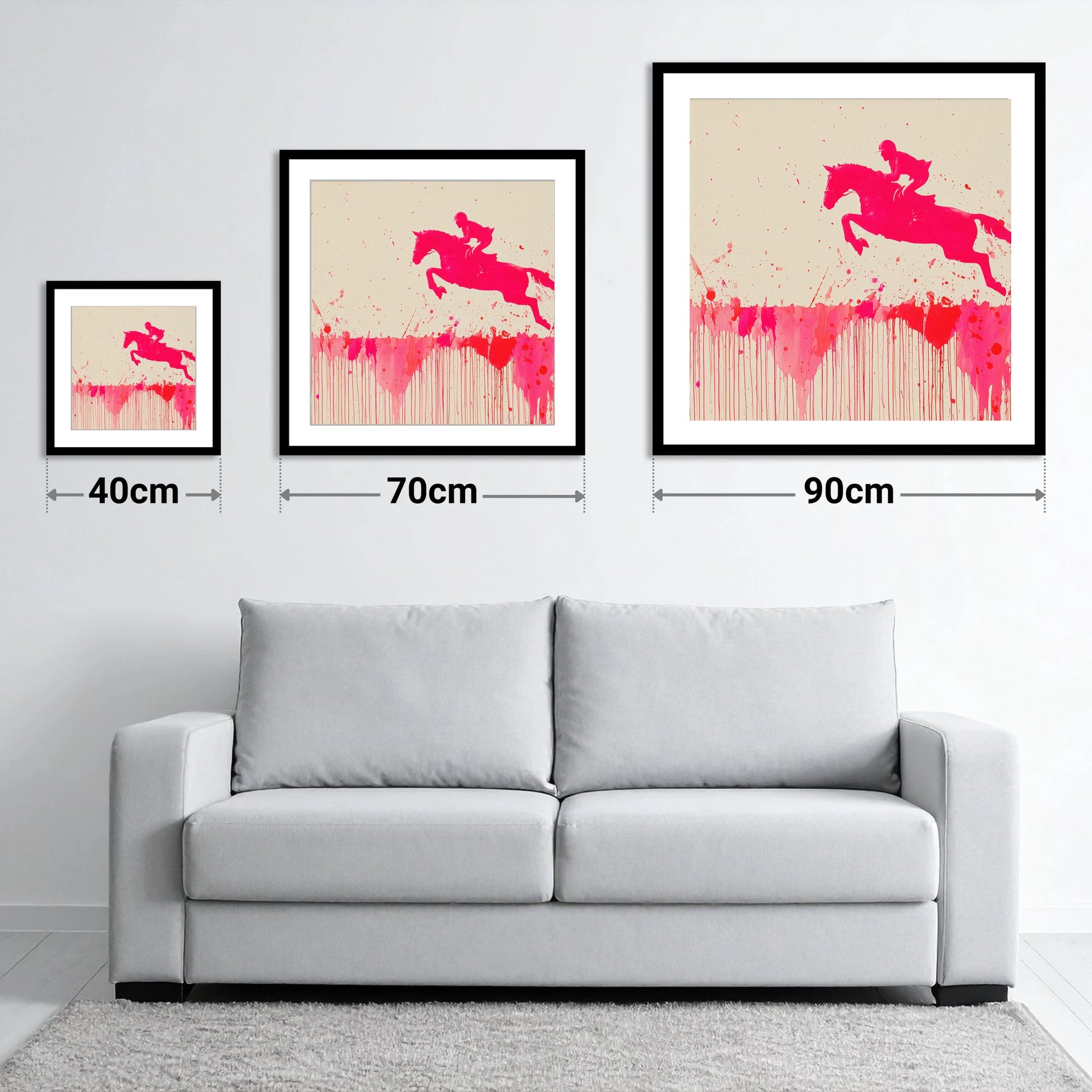 Magenta Flight - size guide showing 40cm, 70cm and 90cm art prints