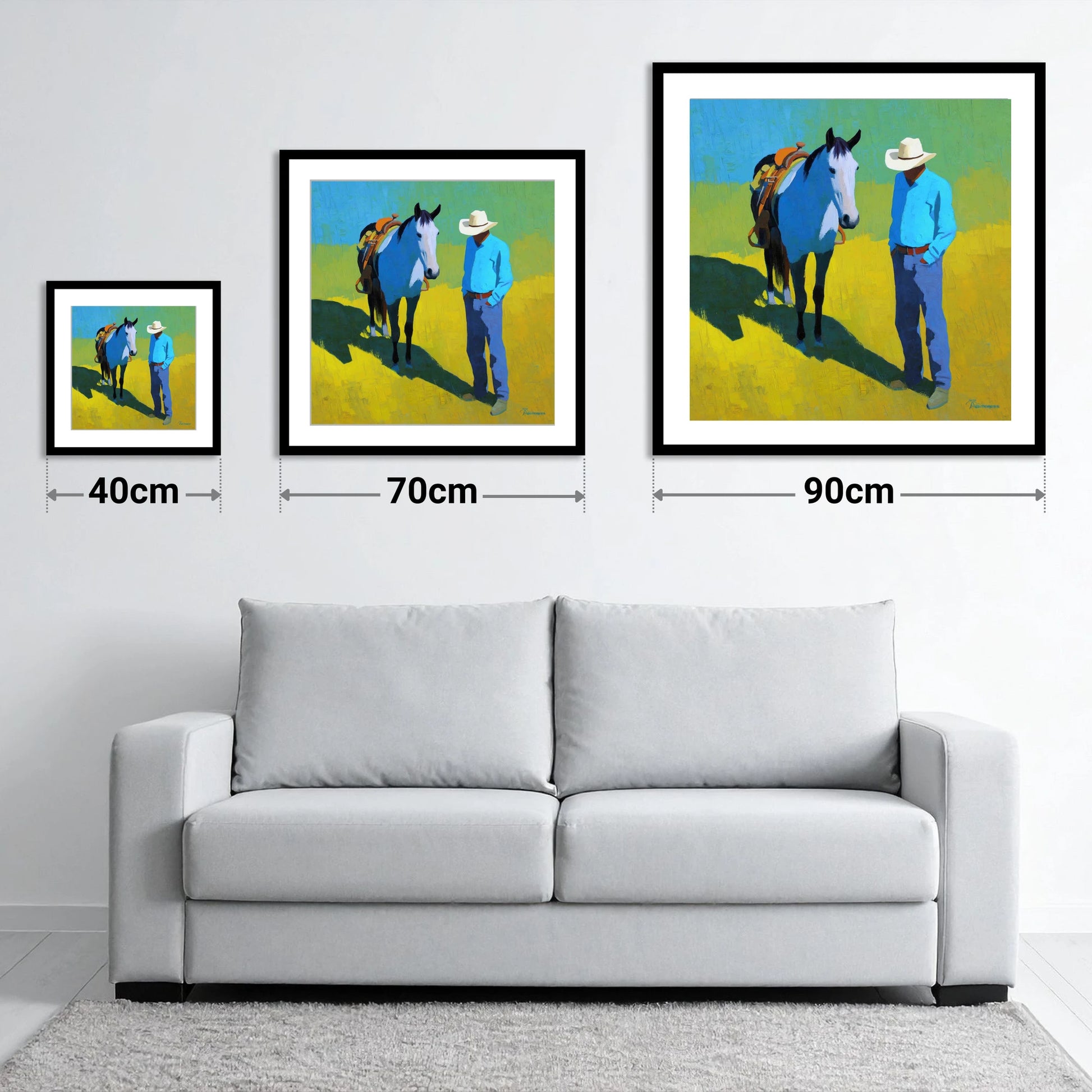 Sunlit Western Shadows - size guide showing 40cm, 70cm and 90cm art prints