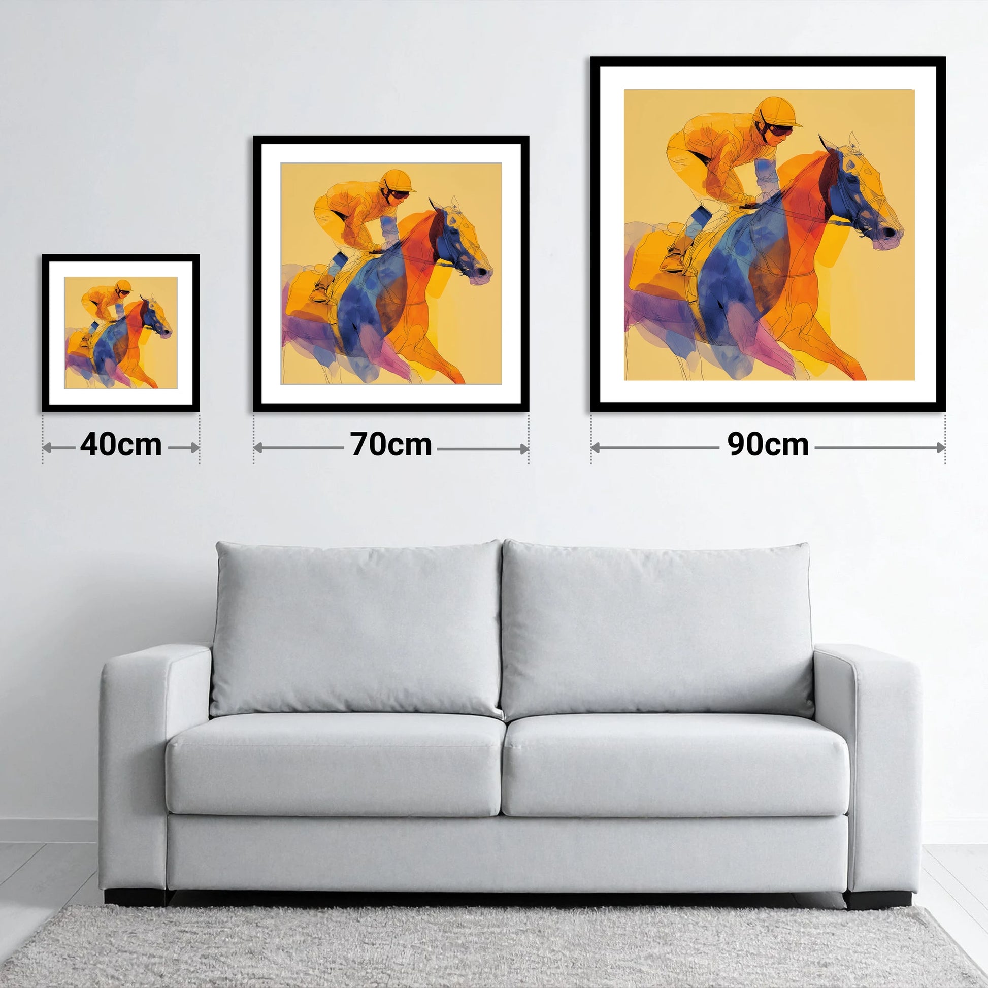 Prismatic Racing Stride - size guide showing 40cm, 70cm and 90cm art prints
