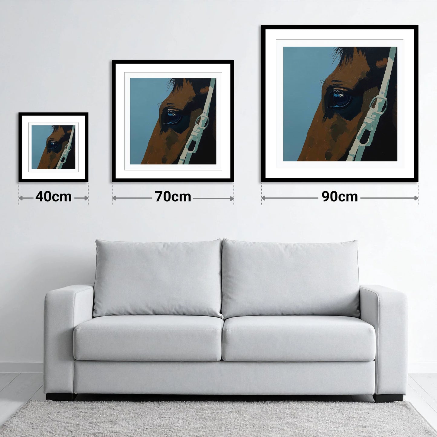 Quiet Observation - size guide showing 40cm, 70cm and 90cm art prints