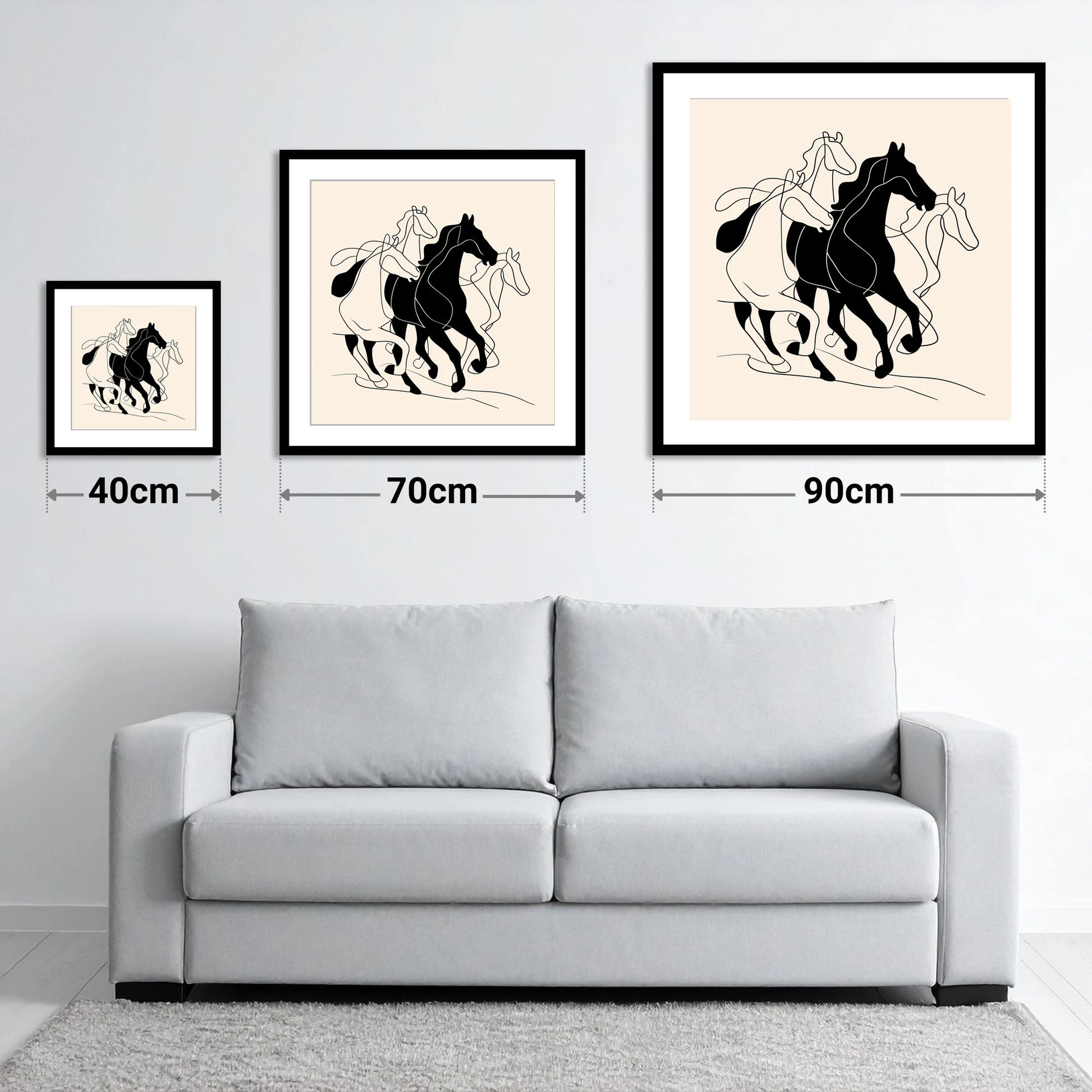 Synchronised Strides - size guide showing 40cm, 70cm and 90cm art prints