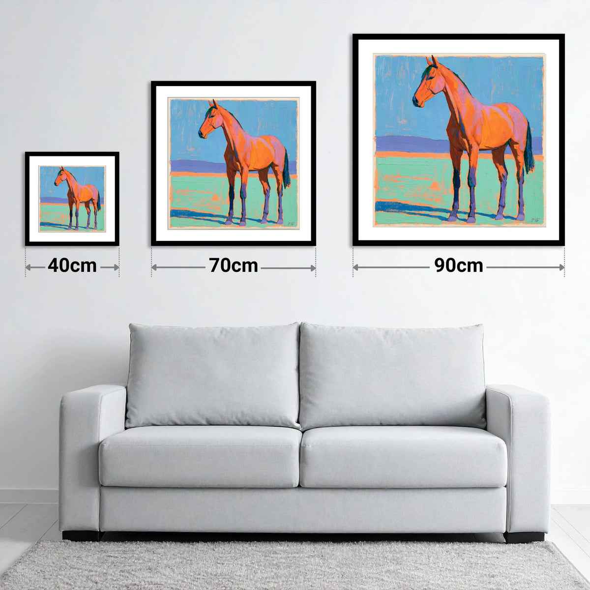 Vibrant Orange Horse Portrait - size guide showing 40cm, 70cm and 90cm art prints
