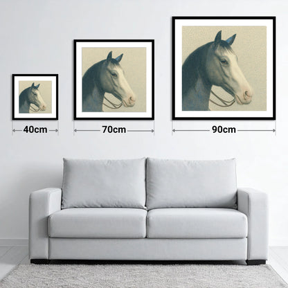 Noble Grey Portrait - size guide showing 40cm, 70cm and 90cm art prints
