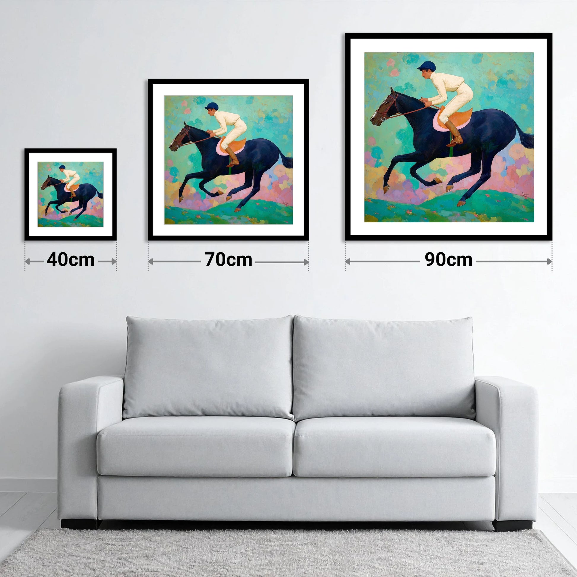 The Indigo Gallop - size guide showing 40cm, 70cm and 90cm art prints