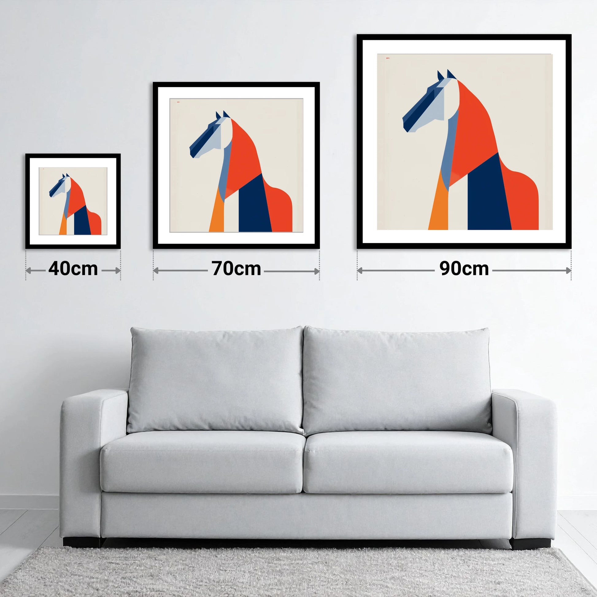 Modernist Equine Form - size guide showing 40cm, 70cm and 90cm art prints