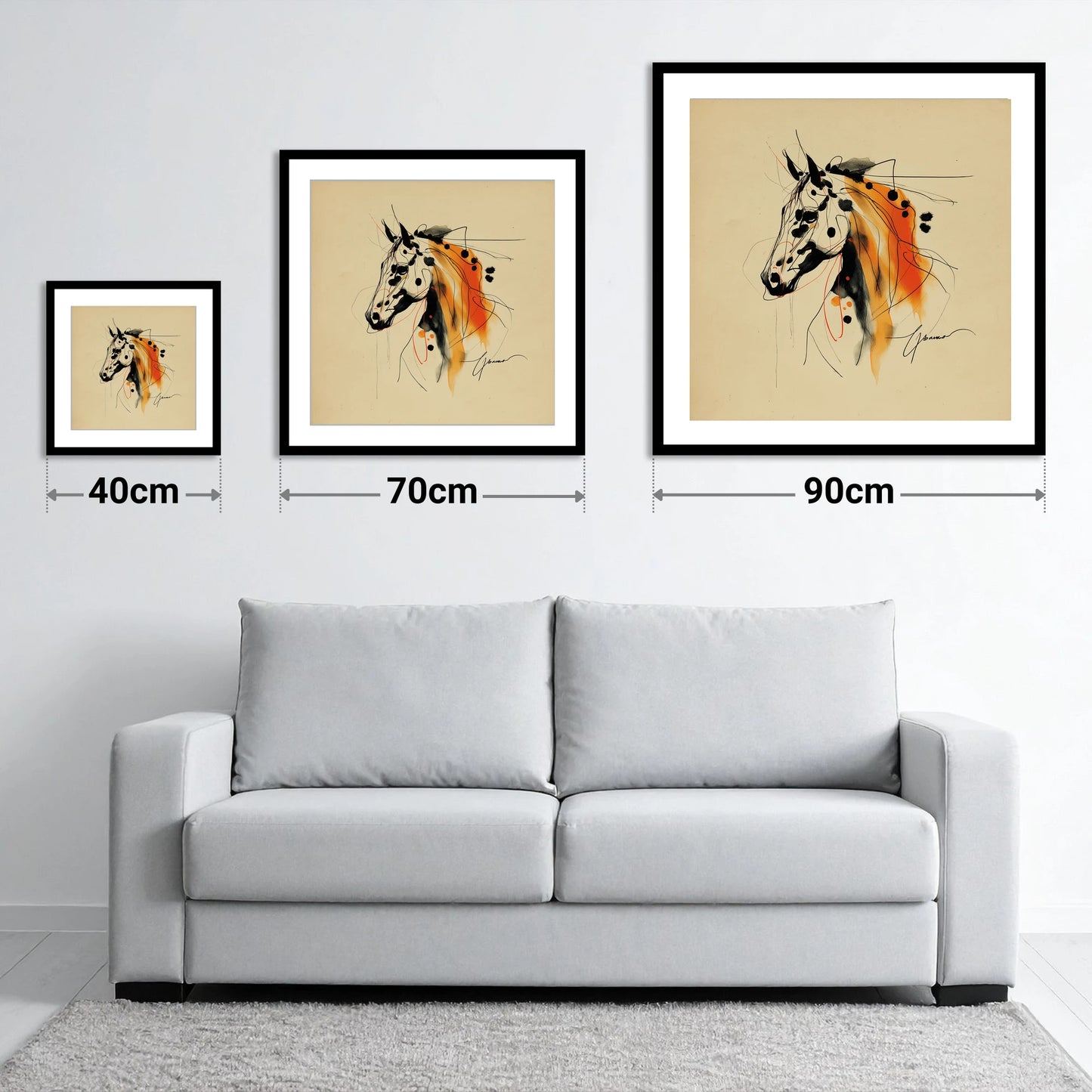 Abstract Amber Spirit - size guide showing 40cm, 70cm and 90cm art prints