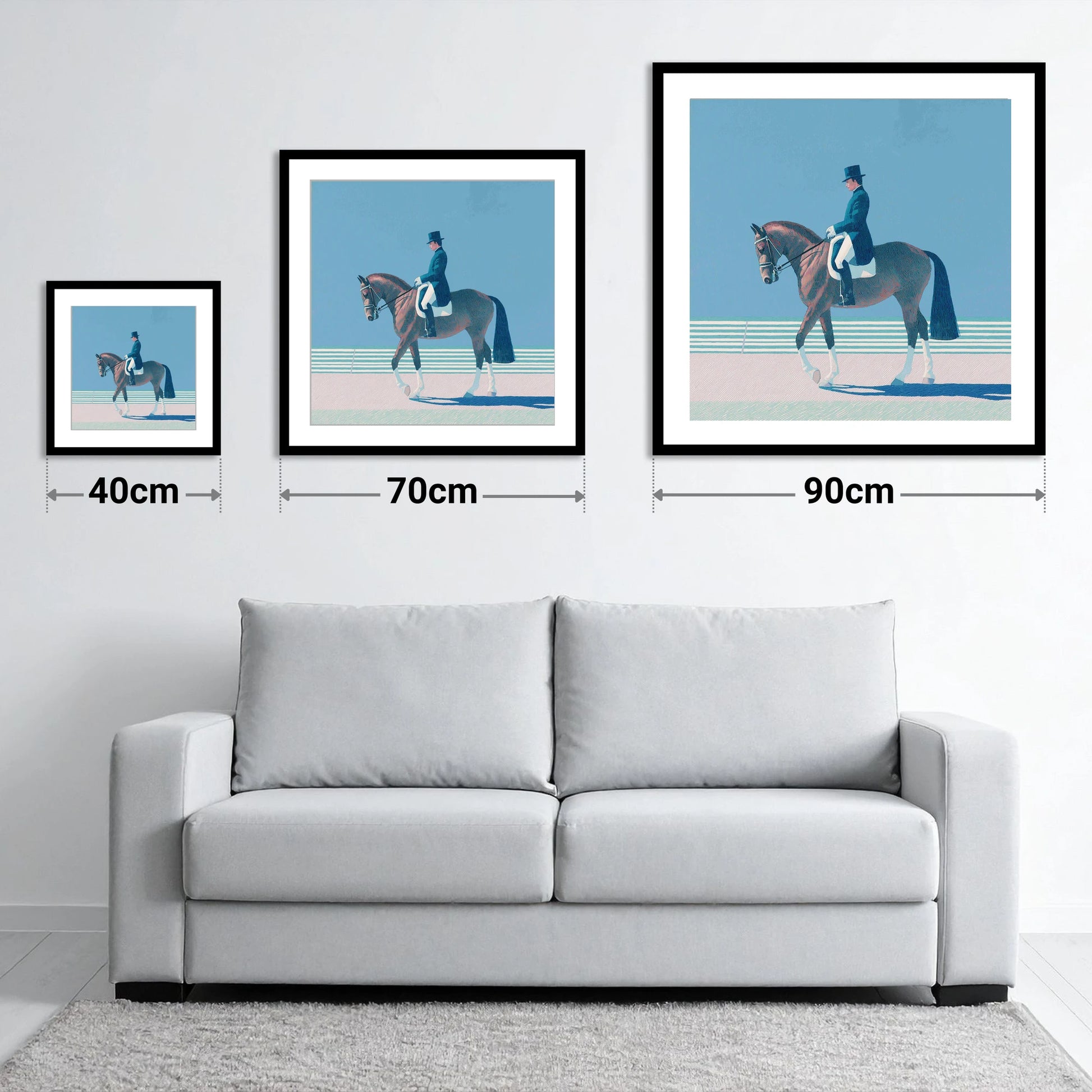 Classical Dressage Elegance - size guide showing 40cm, 70cm and 90cm art prints