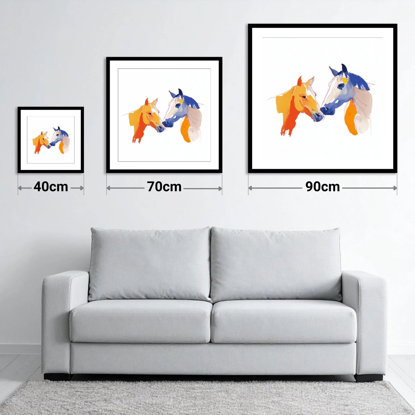 Vibrant Equine Bond - size guide showing 40cm, 70cm and 90cm art prints