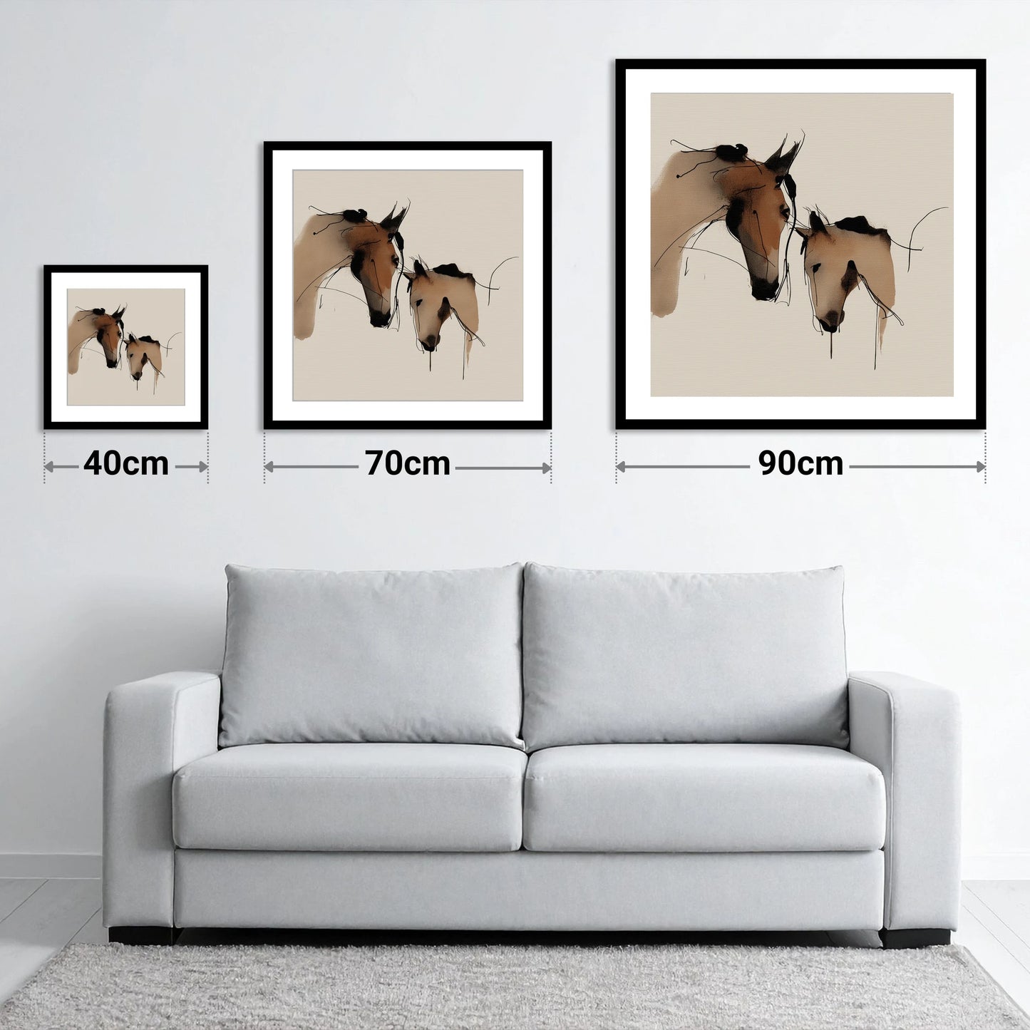 Gentle Kinship - size guide showing 40cm, 70cm and 90cm art prints