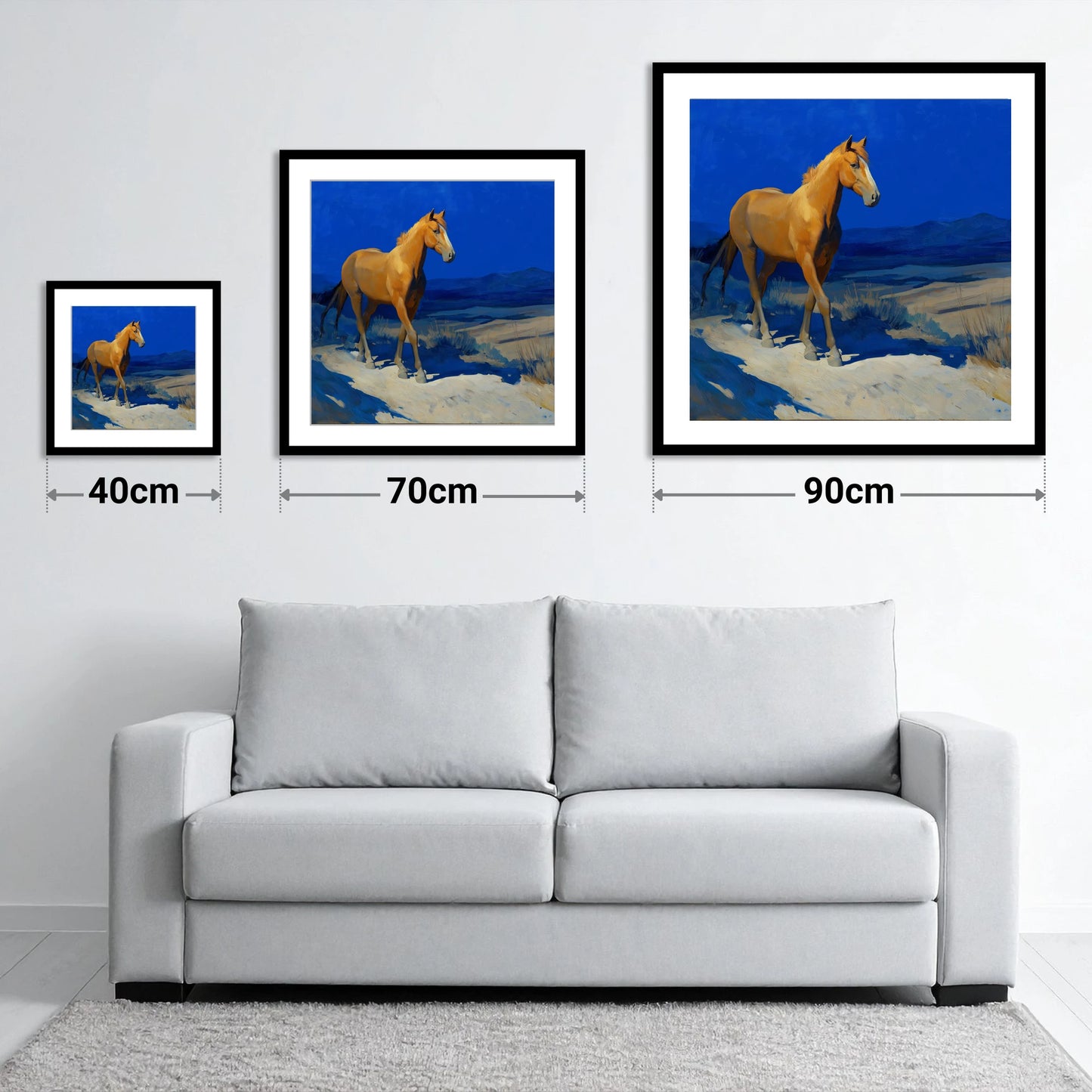 Sunlit Chestnut Stride - size guide showing 40cm, 70cm and 90cm art prints