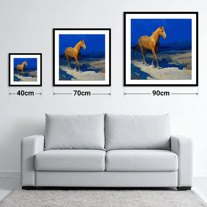Sunlit Chestnut Stride - size guide showing 40cm, 70cm and 90cm art prints