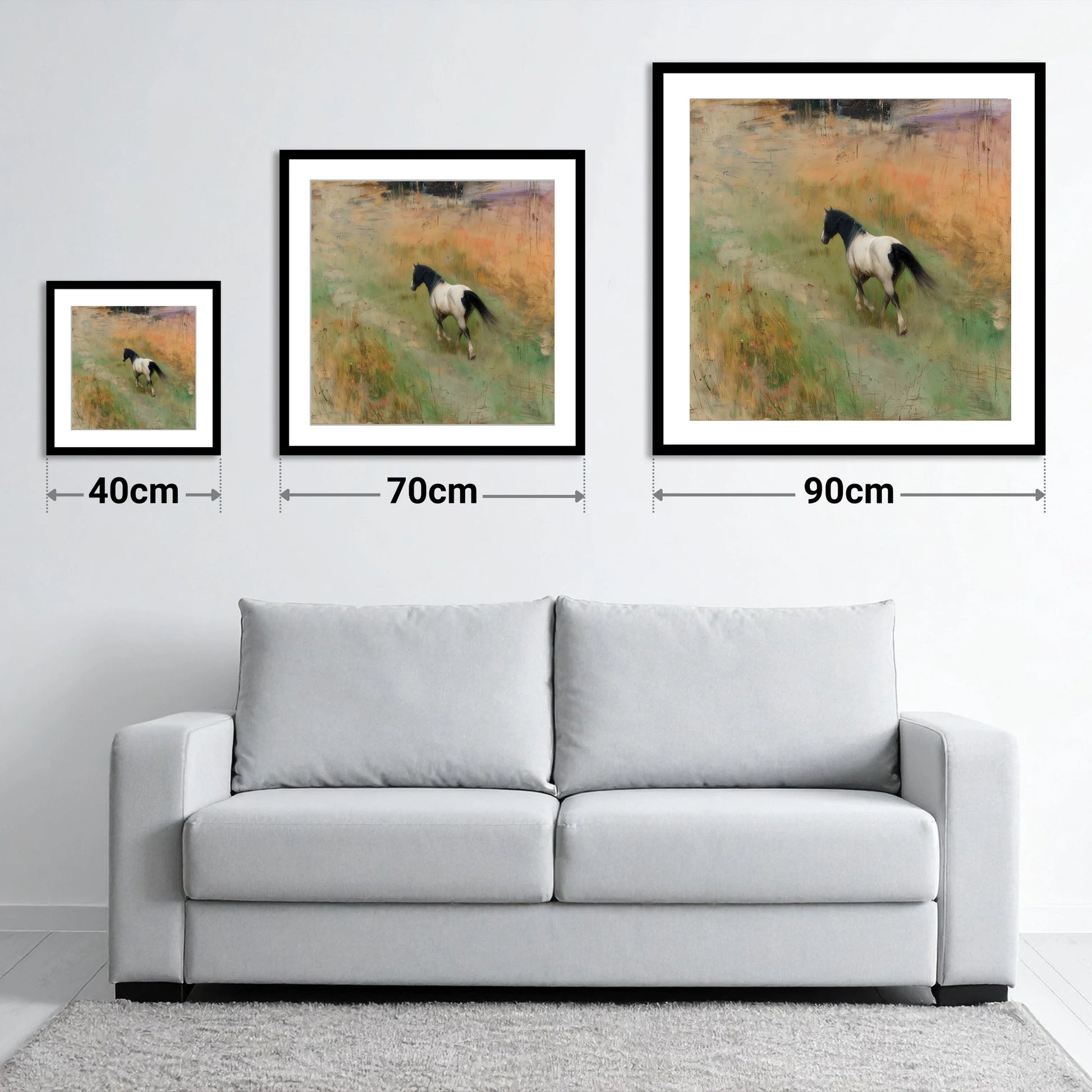 Wandering Piebald - size guide showing 40cm, 70cm and 90cm art prints