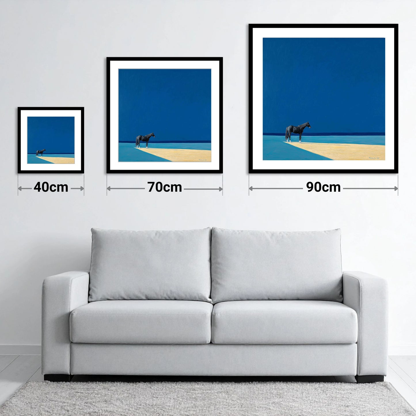 At the Azure Edge - size guide showing 40cm, 70cm and 90cm art prints