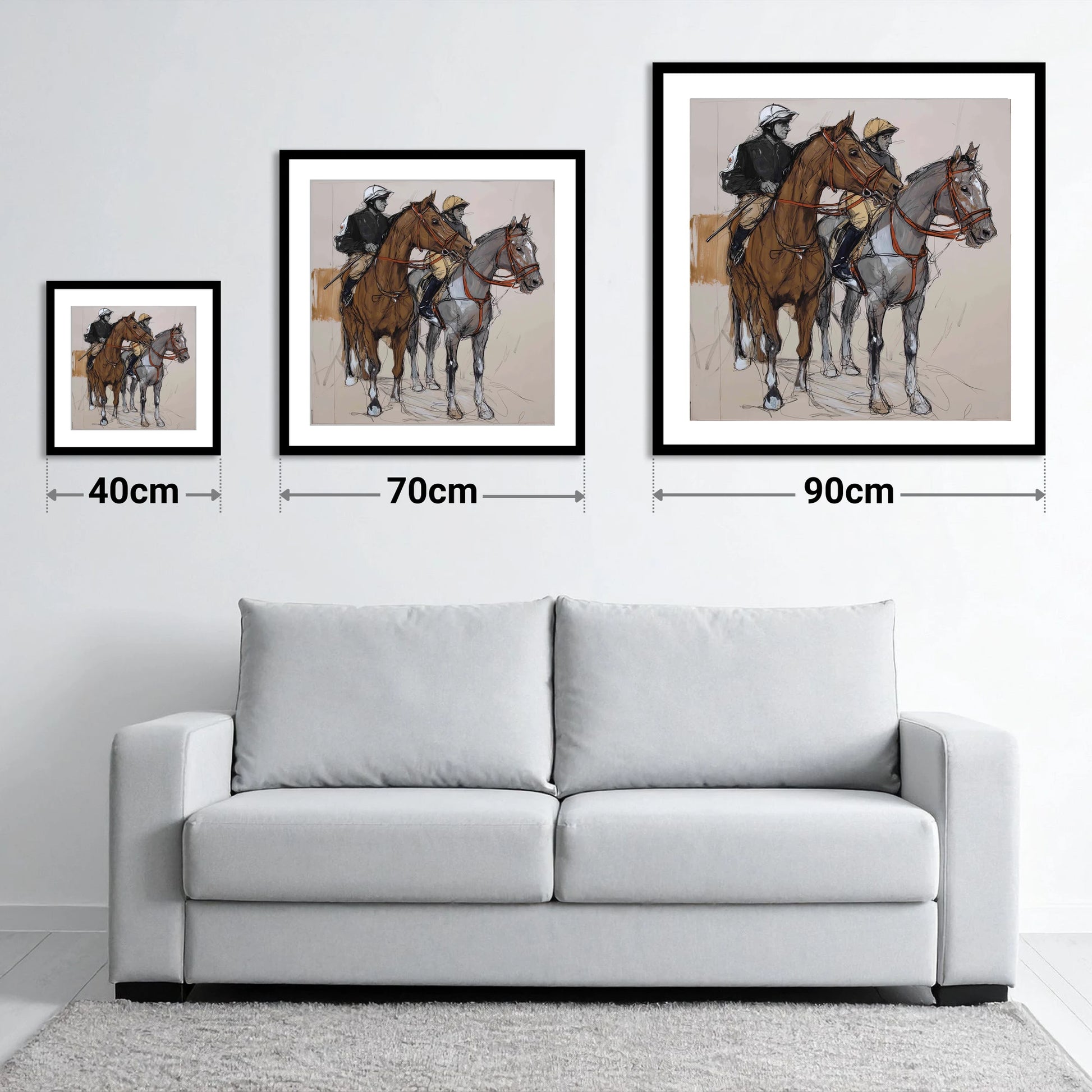 Waiting for the Off - size guide showing 40cm, 70cm and 90cm art prints