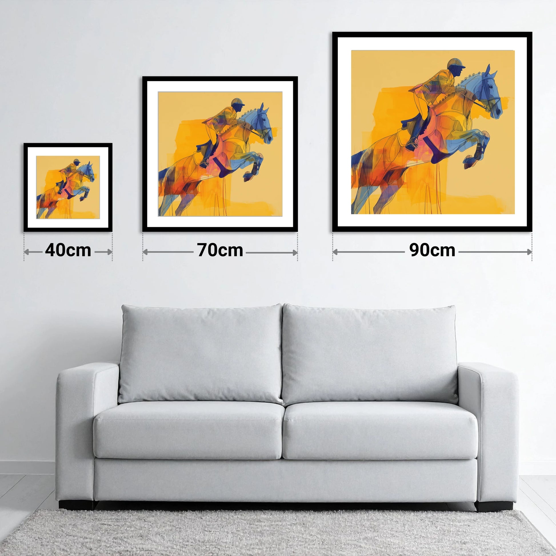 Vibrant Showjumping Flight - size guide showing 40cm, 70cm and 90cm art prints