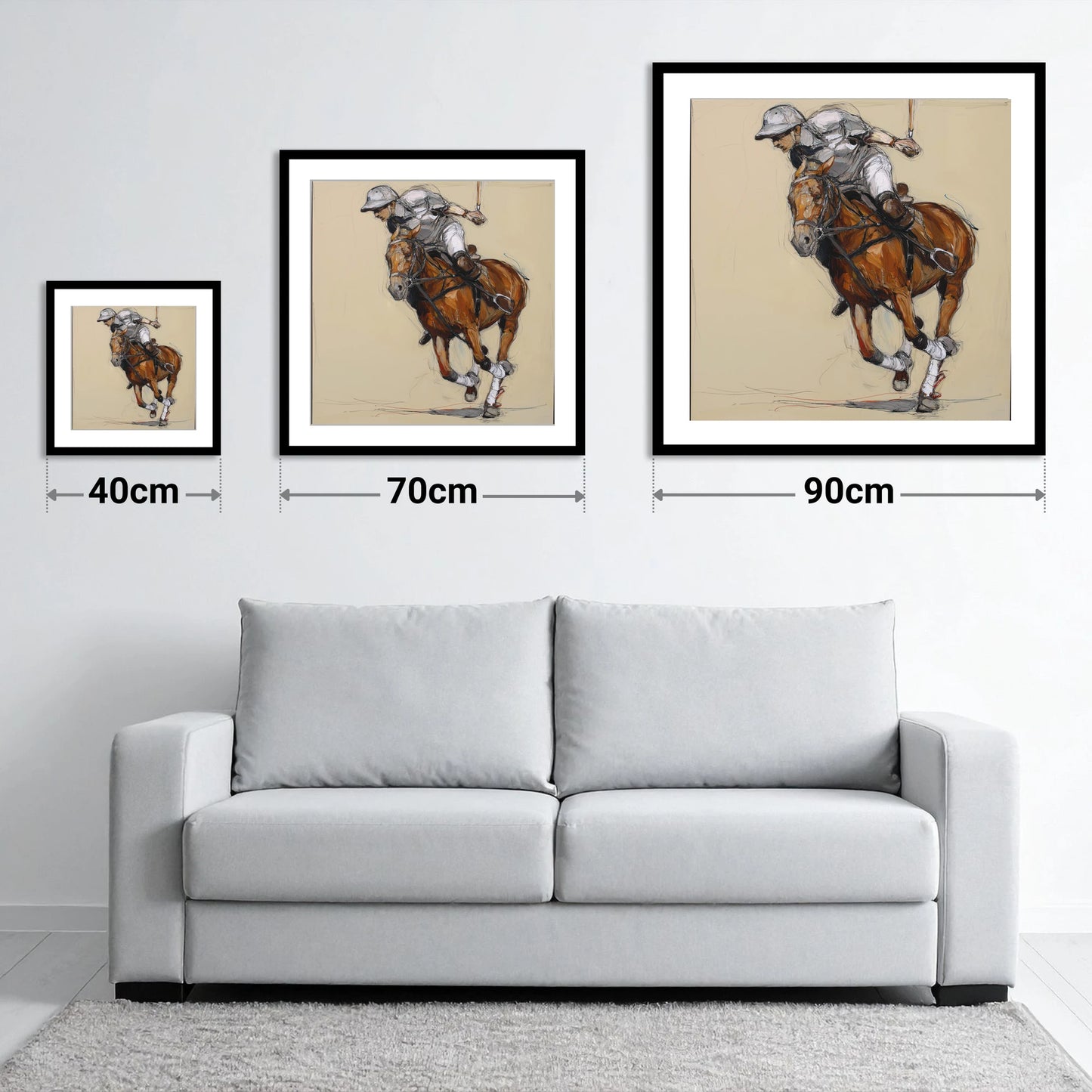 The Decisive Chukka - size guide showing 40cm, 70cm and 90cm art prints