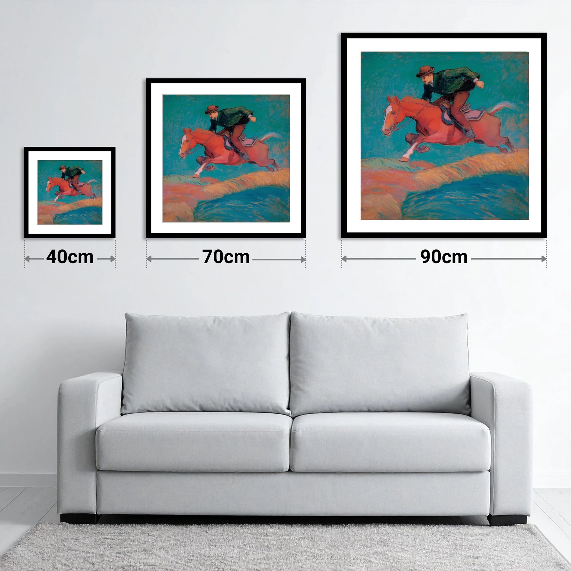 The Bold Leap - size guide showing 40cm, 70cm and 90cm art prints