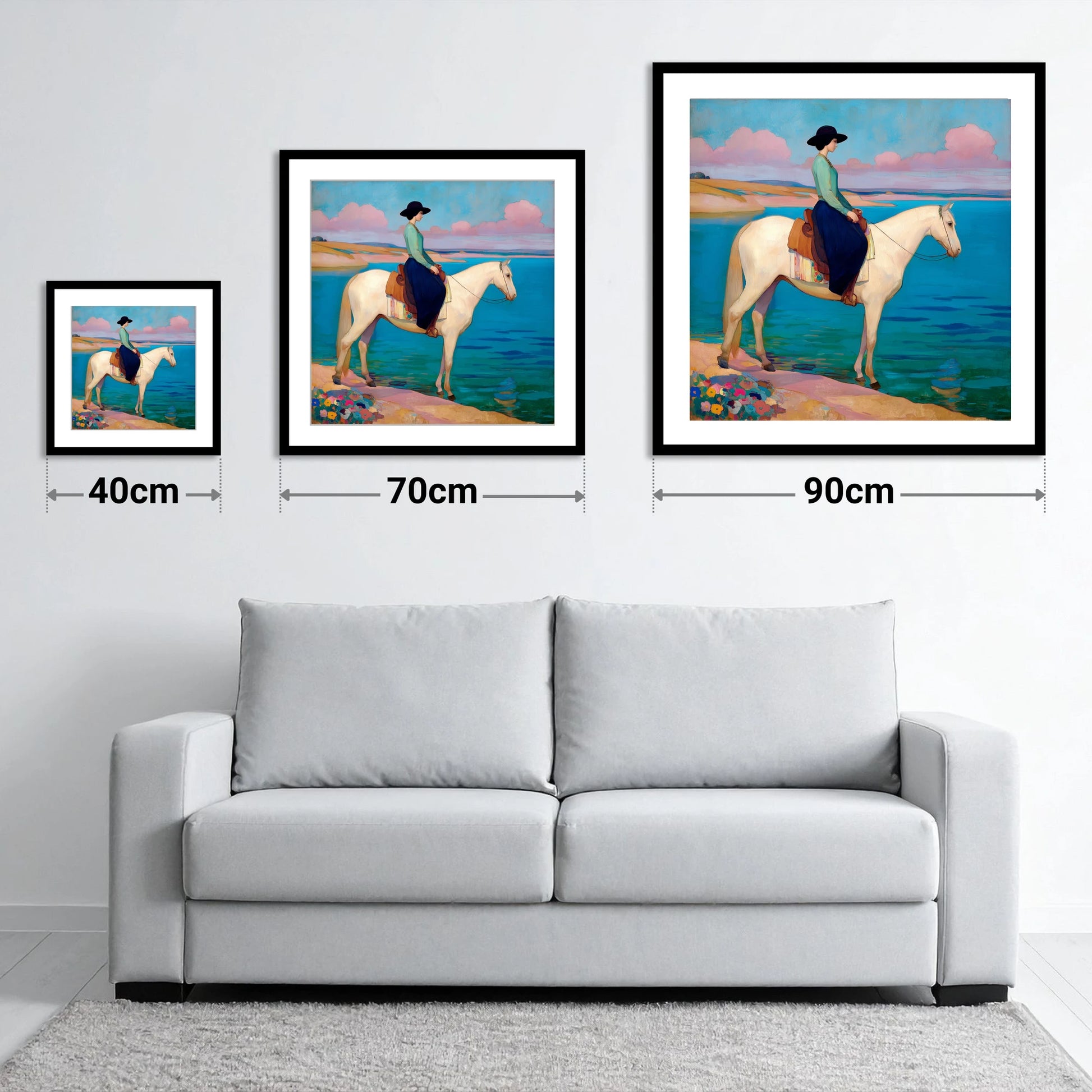 Coastal Reverie - size guide showing 40cm, 70cm and 90cm art prints