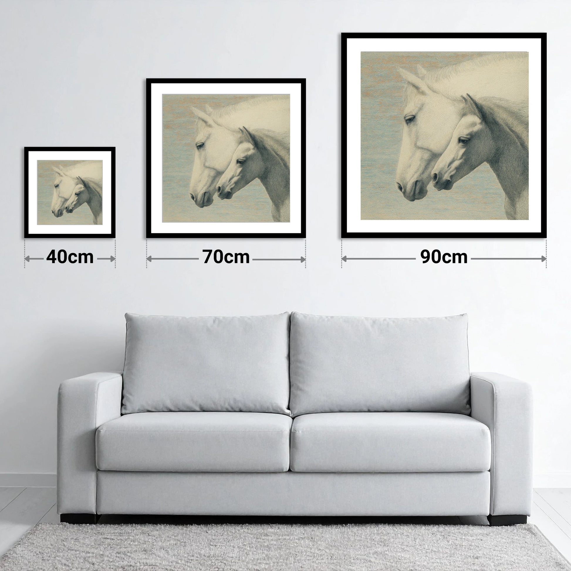 Timeless Companions - size guide showing 40cm, 70cm and 90cm art prints